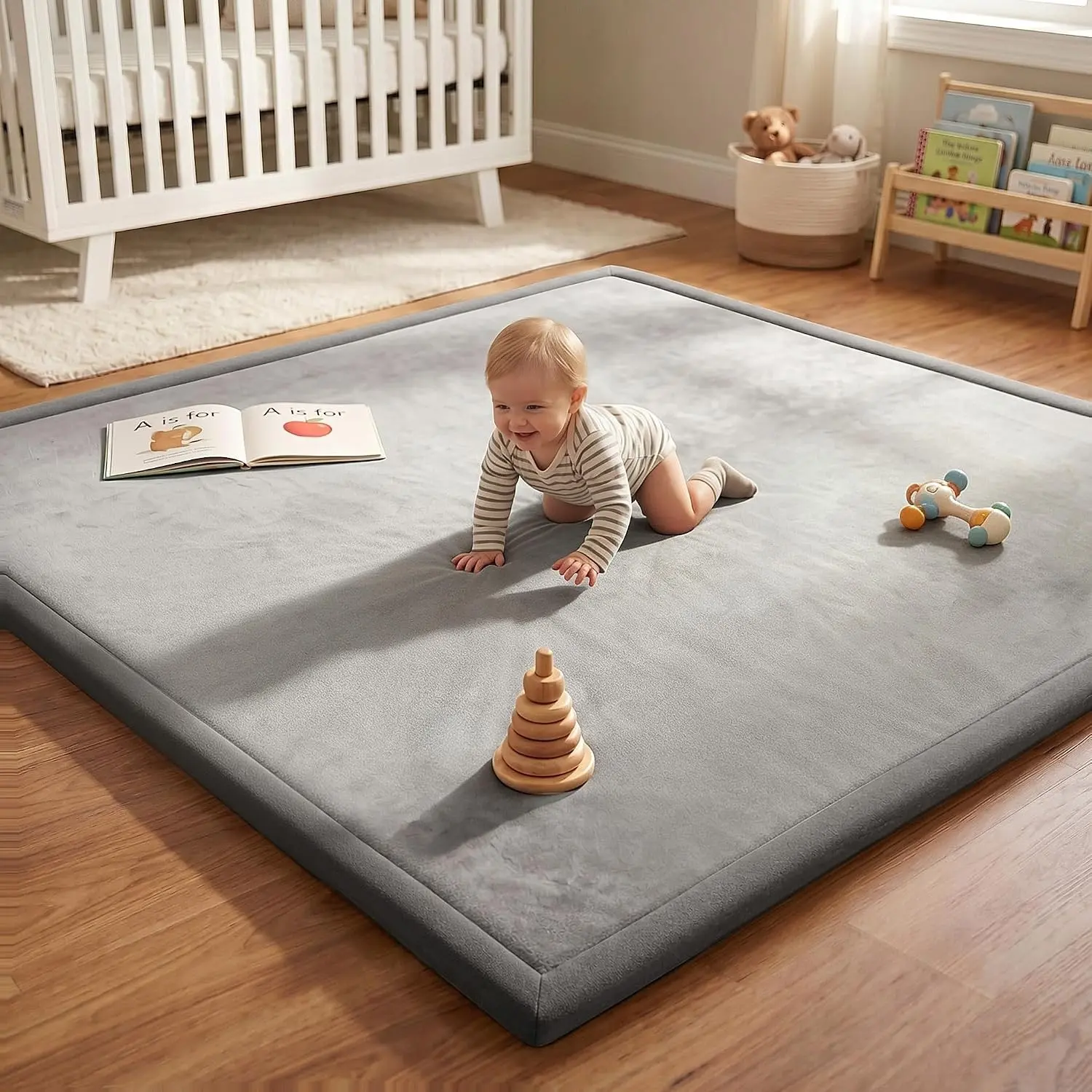 50x50 Playpen Mat 1.3" Thick Memory Foam Baby Play Mat for Infants and Toddlers, CloudSoft Velvet Non-Slip Cushion for Floor Crawling and Tummy Time, Tatami Style, Living Room, Playroom, Grey(Gift)