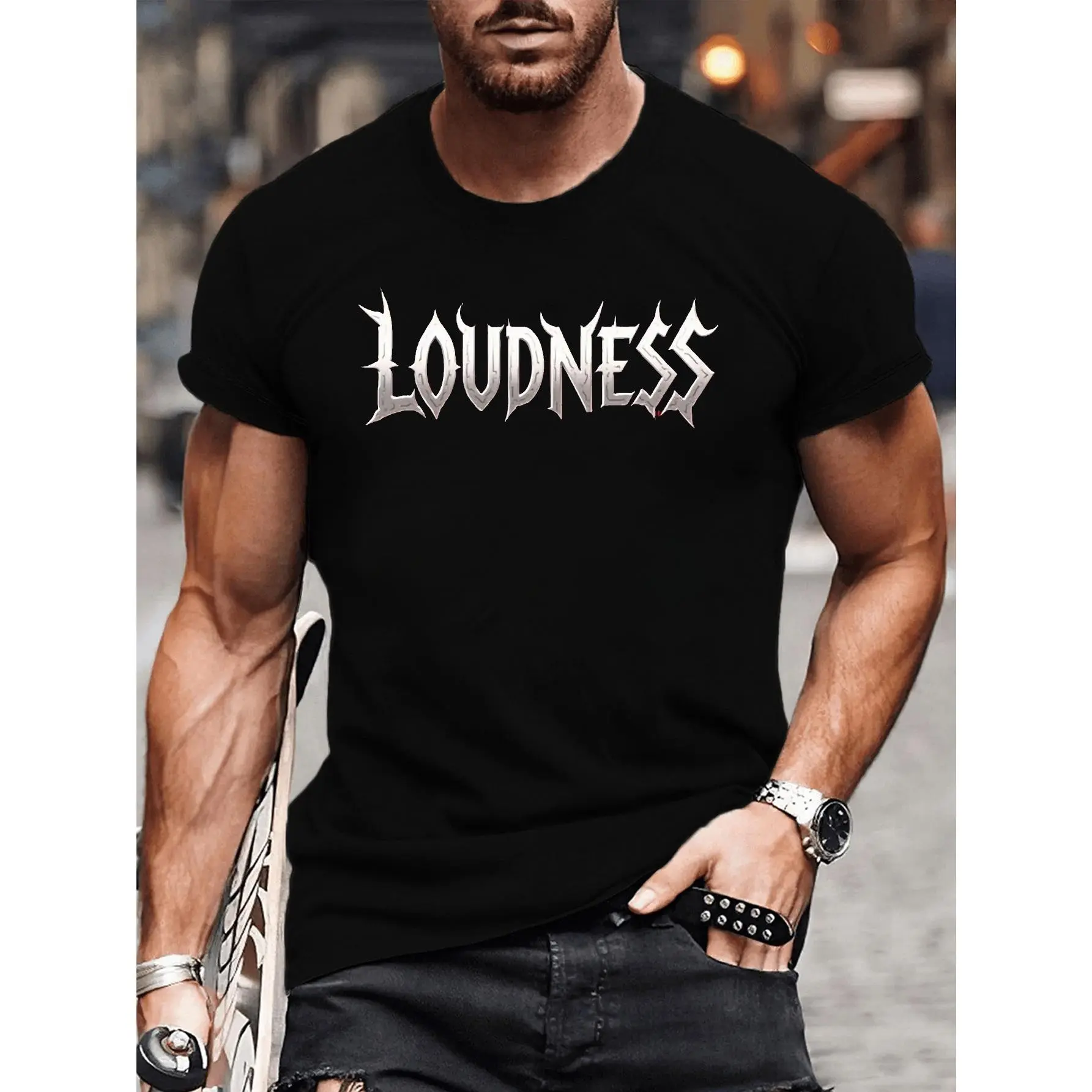 Men's Metallic Bold Print T-Shirt - BLACK LOUDNESS Graphic Short-sleeved Shirt, a Heavyweight Casual Streetwear Style Top, Suitable for Concerts, Parties, and Casual Attire - Machine Washable, Non-bleed-proof, Stylish and Creative.