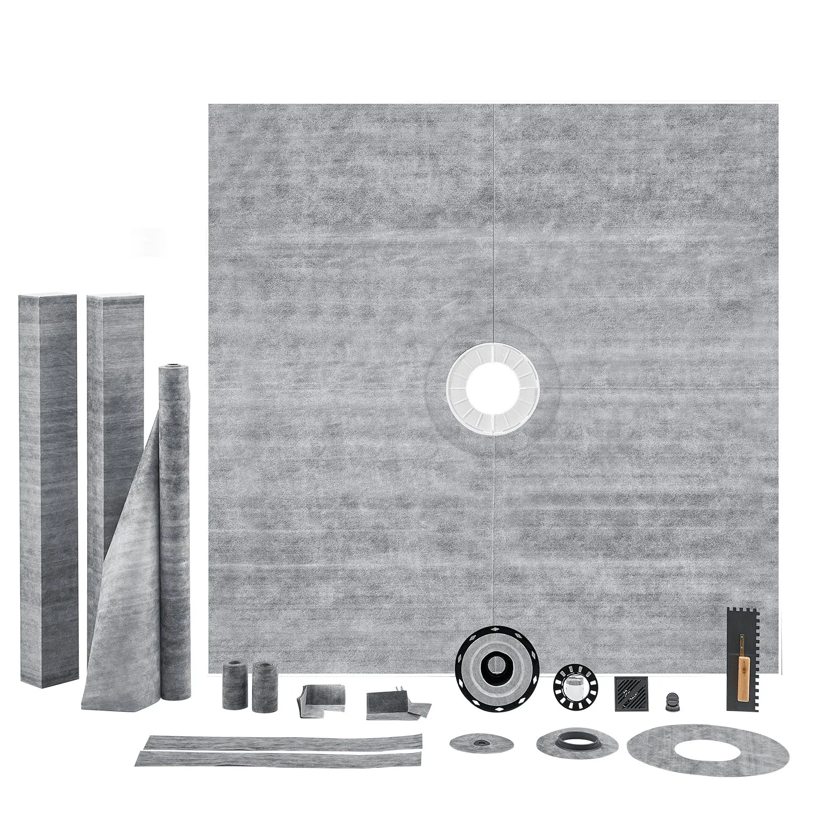 【toolupgrade】VEVOR Complete Shower Curb Installation Complete Kit, 72" x 72" Pan with 2" PVC Central Flange, 4" Stainless Steel Grate, Waterproof Membrane Strip, Slope Sticks & Solid Backer for Residents' Daily Shower Use