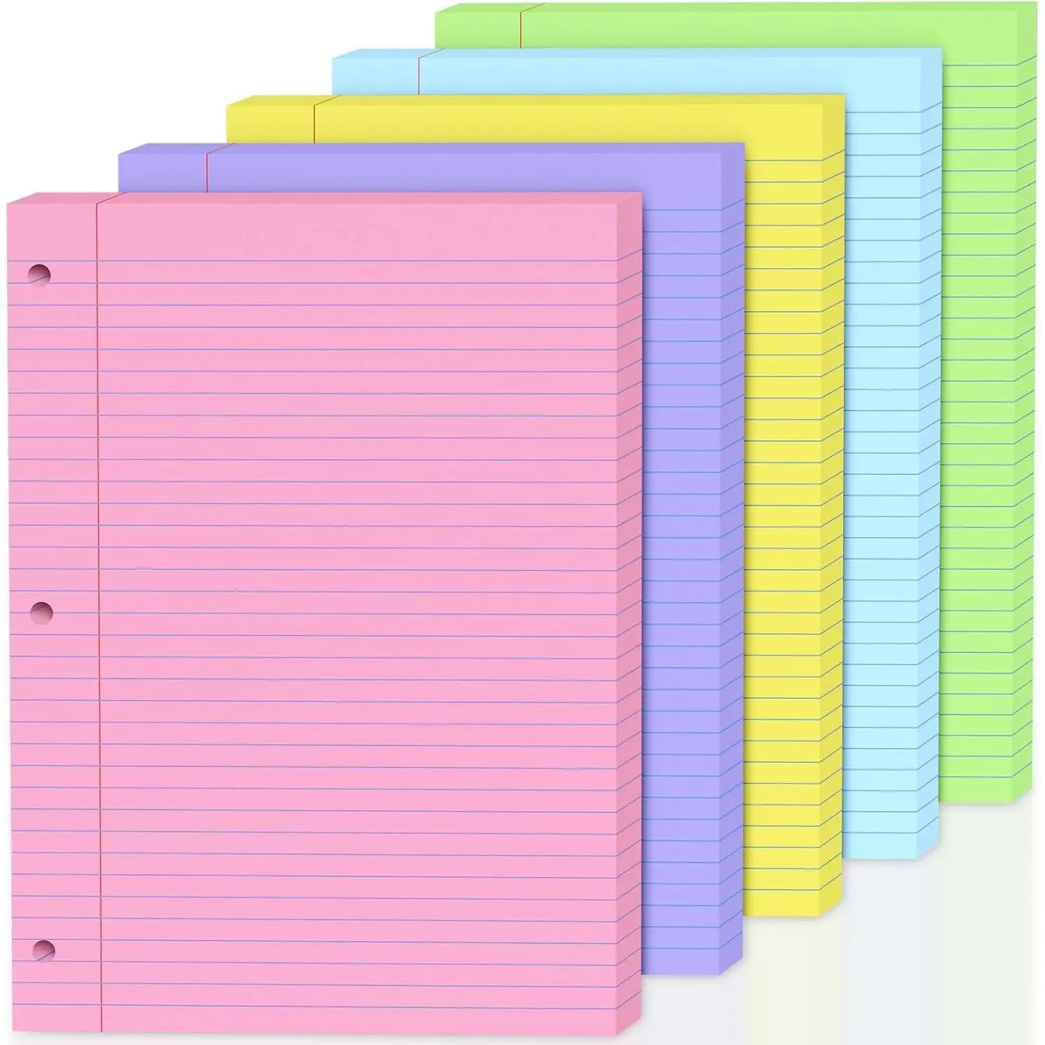 College Rule Notebook Paper Sheets Bulk Pack - 100 Sheets, 8x10.5 In, 5-Hue (20 Per Hue), 3-Hole Punched, for Students, Color-Coded Note-Taking School/Office Supplies