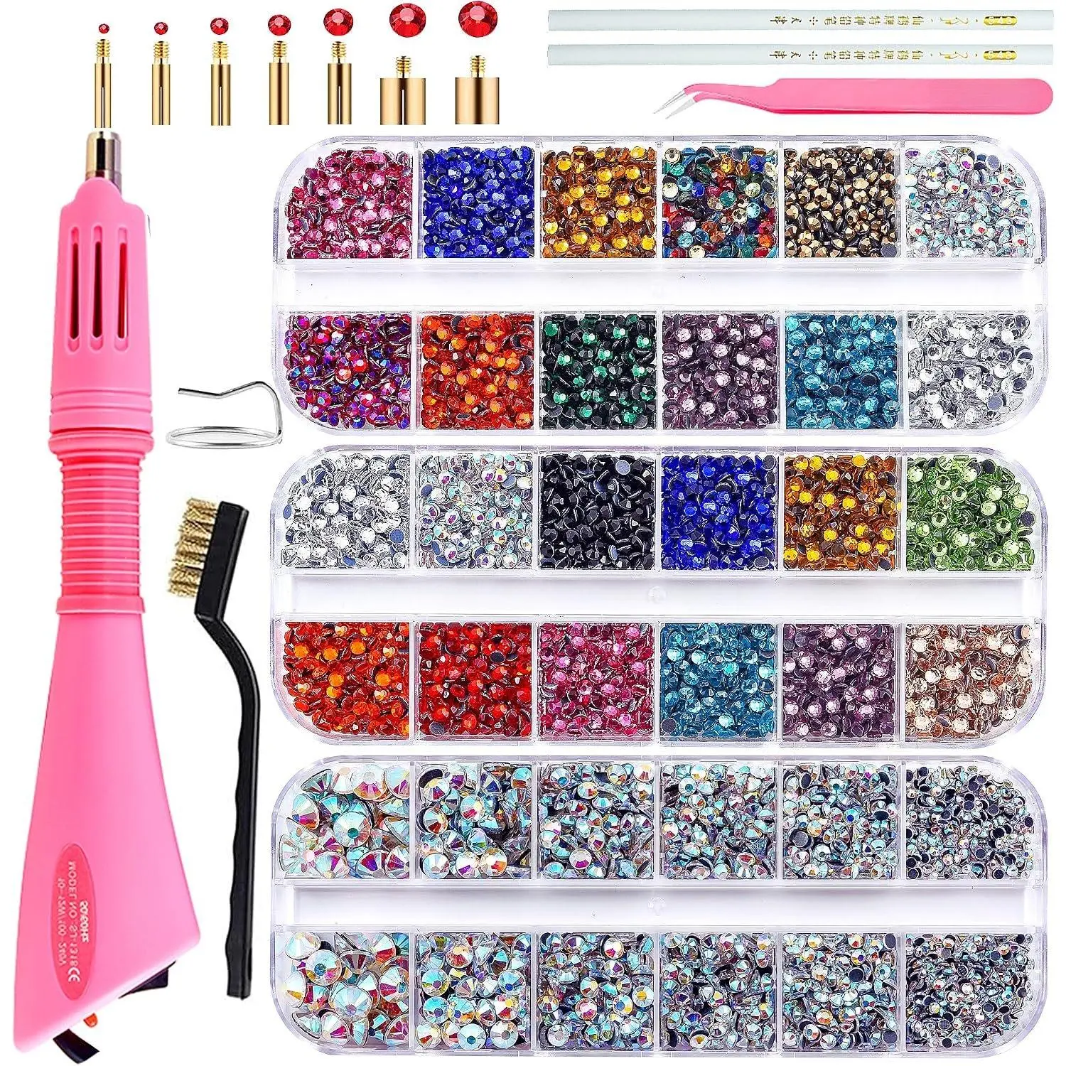 Hotfix Applicator Kit with LED Light, 6000 Hotfix Rhinestones, Synthetic Steel Brush, 2 Pencils, Various Tips, Brush Bag for DIY Crafts Needlework, 3 Boxes Of Hotfix Rhinestones