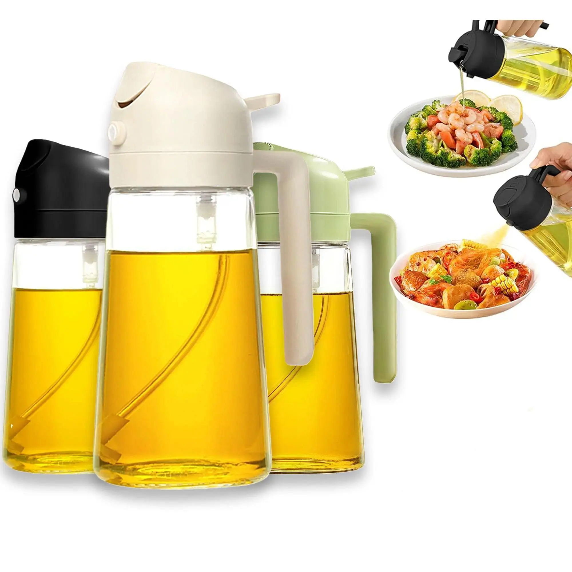 3Pack Kitchen Glass Oil Sprayer - 16oz/470ml 2 in 1 Dispenser Portion Control for Air Fryer BBQ Frying (Black+Green+White)