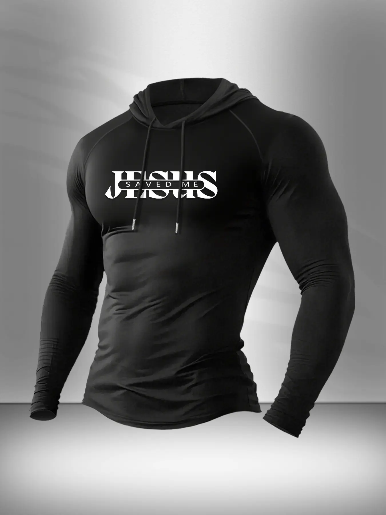 Jesus Saved Me Graphic Hooded Compression Long Sleeve Shirt for Men, Fitness Shirt, Soft Elastic Slim Fit Christian Faith Athletic Base Layer Workout Gym Training Outdoor Jogging Wear #springsaledeals2026 #summeroutfits #mensbaselayer #christianapparel