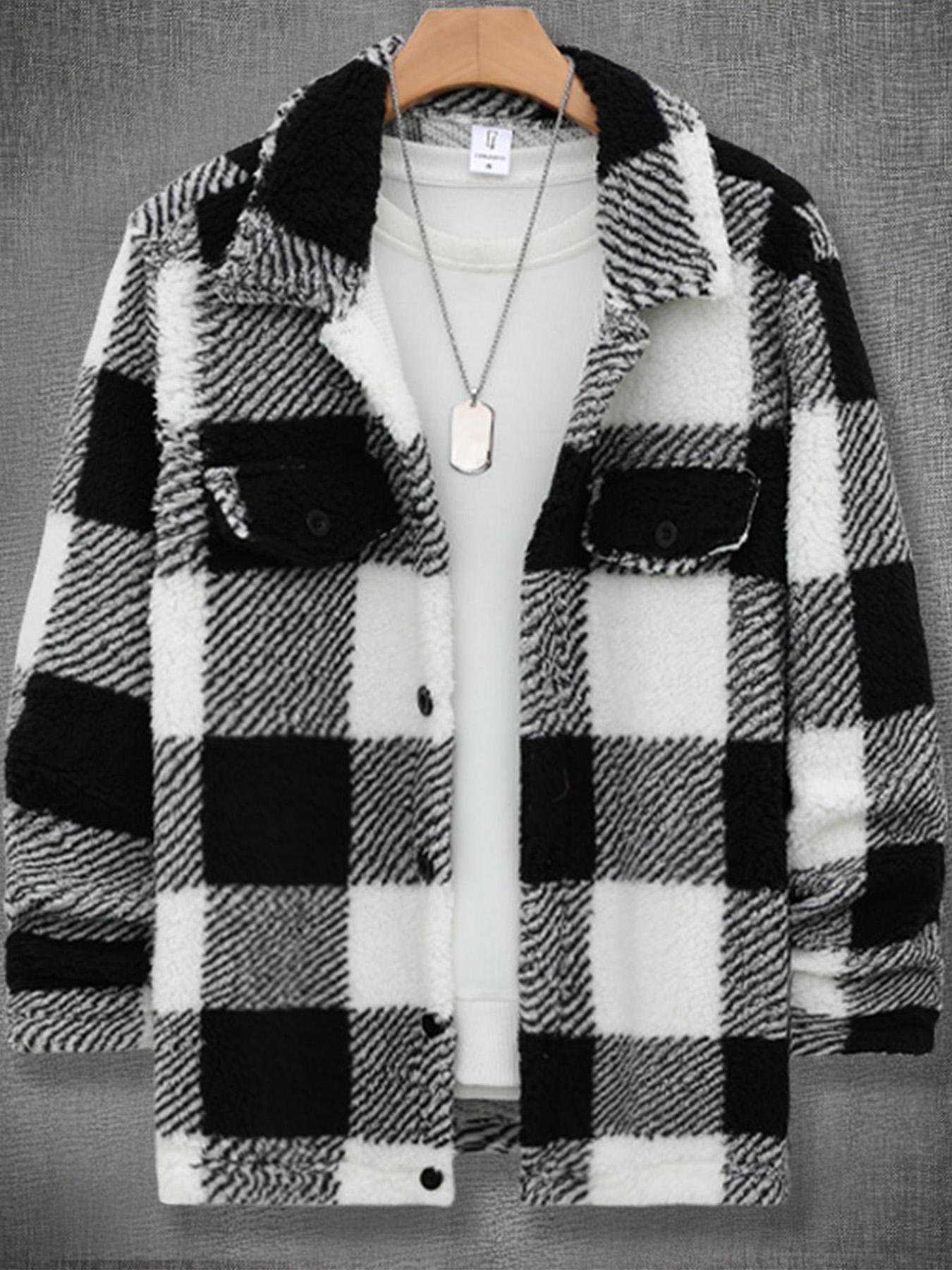 Men's Plaid Print Button Front Fuzzy Lounge Jacket, Casual Long Sleeve Collared Outerwear for Fall & Winter, Men's Sleepwear for Daily Wear, Casual Style Outerwear, Casual Fitted Jacket, Casual Jacket Coat, Casual Fashion Jacket