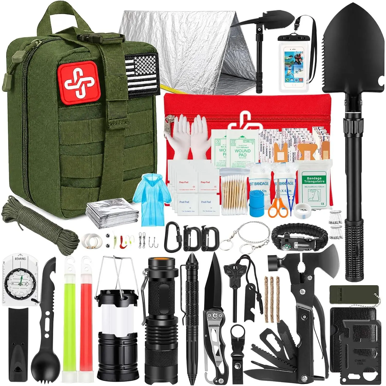 Survival Kit, 250Pcs Survival Gear First Aid Kit with Molle System Compatible Bag and Emergency Tent, Emergency Kit for Earthquake, Outdoor Adventure, Hiking, Hunting, Gifts for Men Women