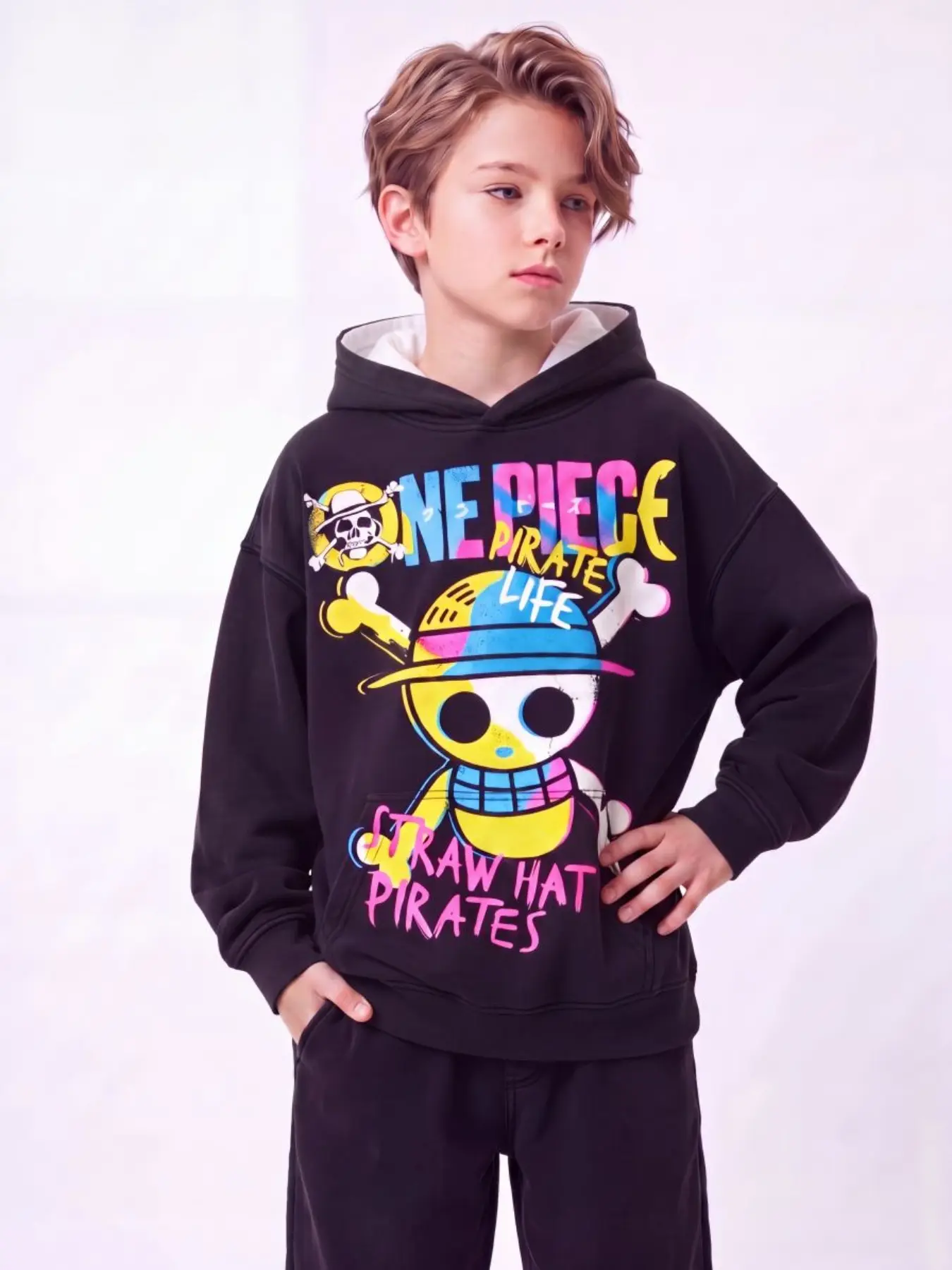 Authentic One Piece Anime Hoodie for Boys & Girls 1-14Y, Multi Color Washed Graphic Print Pullover Hoodie With Classic Straw Hat Jolly Roger Graphic, Casual Daily Kids Streetwear