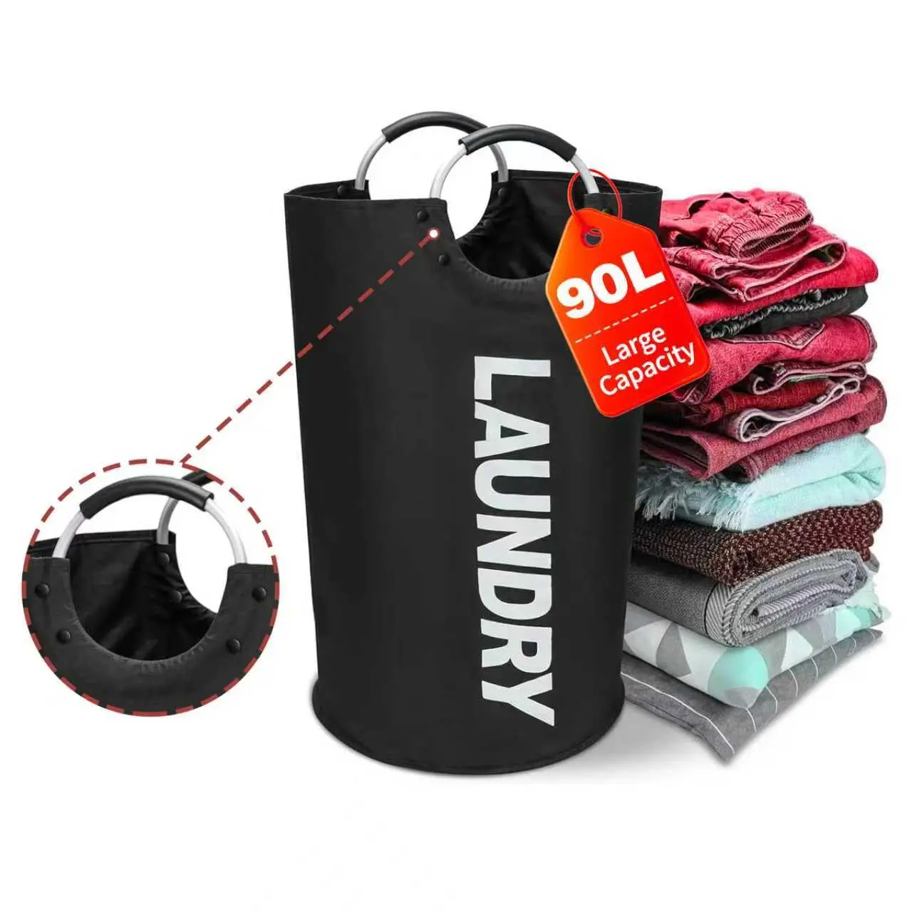 XXL 90L Collapsible Wearable Laundry Hamper - Bathroom Handle Carry Organizer, Heavy-Duty 600D Oxford Cloth, Waterproof, Dustproof Seal, Reinforced Stitched Comfortable Handle, Large Household Dirty Clothes Storage, Household Dirty Clothes Organization