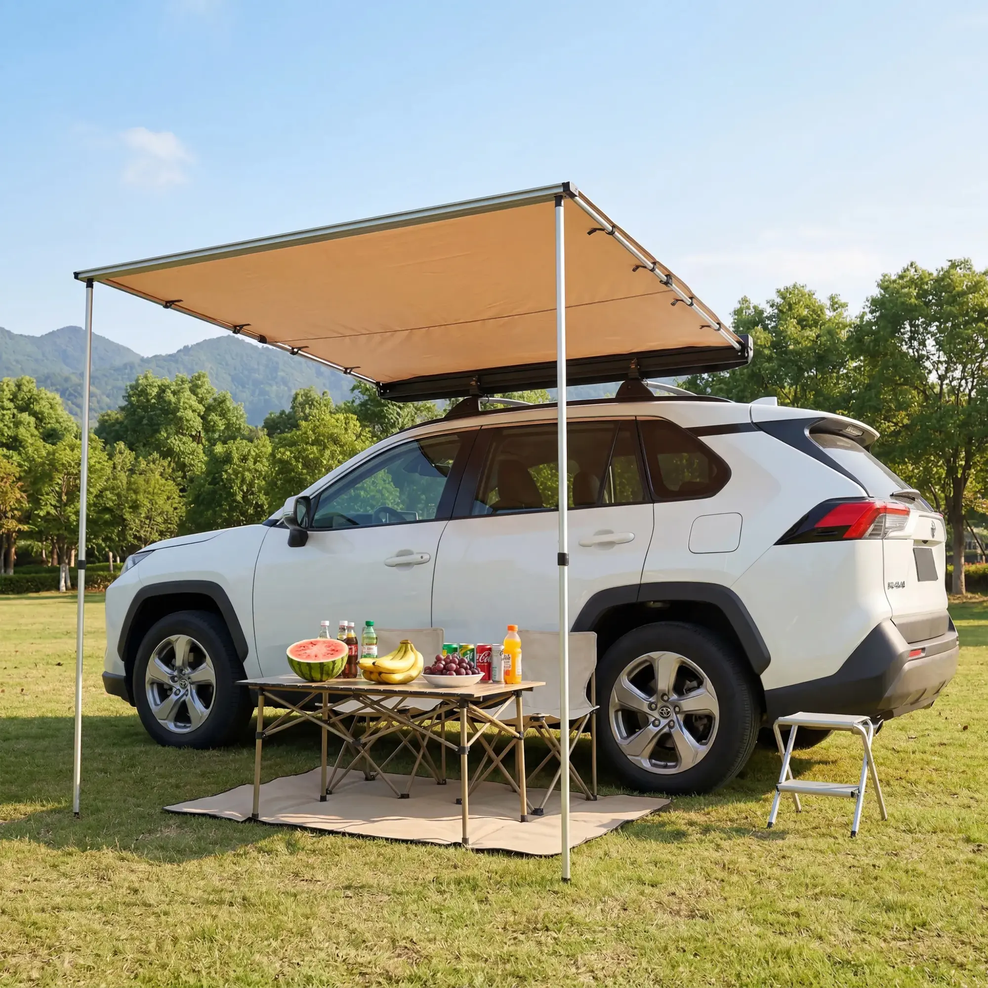 Car Awning Vehicle Awning for SUV Truck Van, Silver-Coated 600D Oxford Waterproof Ripstop Canopy, Twist-Lock Adjustable Anodized Aluminum Poles, Quick Mount Roof Rack Shade with Reinforced