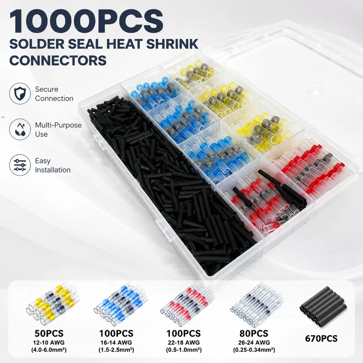 1000 Piece Solder Seal Wire Connector Kit, Mixed Size Heat Shrink Tube Terminal Set with Storage Box, Ideal for Car Repair and General Electrical Wiring