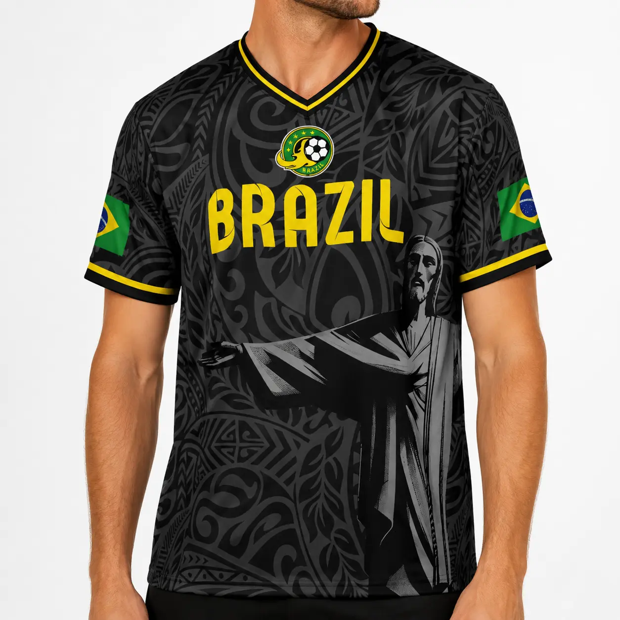 Brazil Soccer Jersey Men Women V-Neck Short Sleeve Graphic Shirt, Black Brazil-Inspired Summer Fan Jersey, Breathable Sports Top for Game Day BBQ Party Streetwear,clothes,outfits,men's wear,men fashion,summer men clothes,fashion men clothes