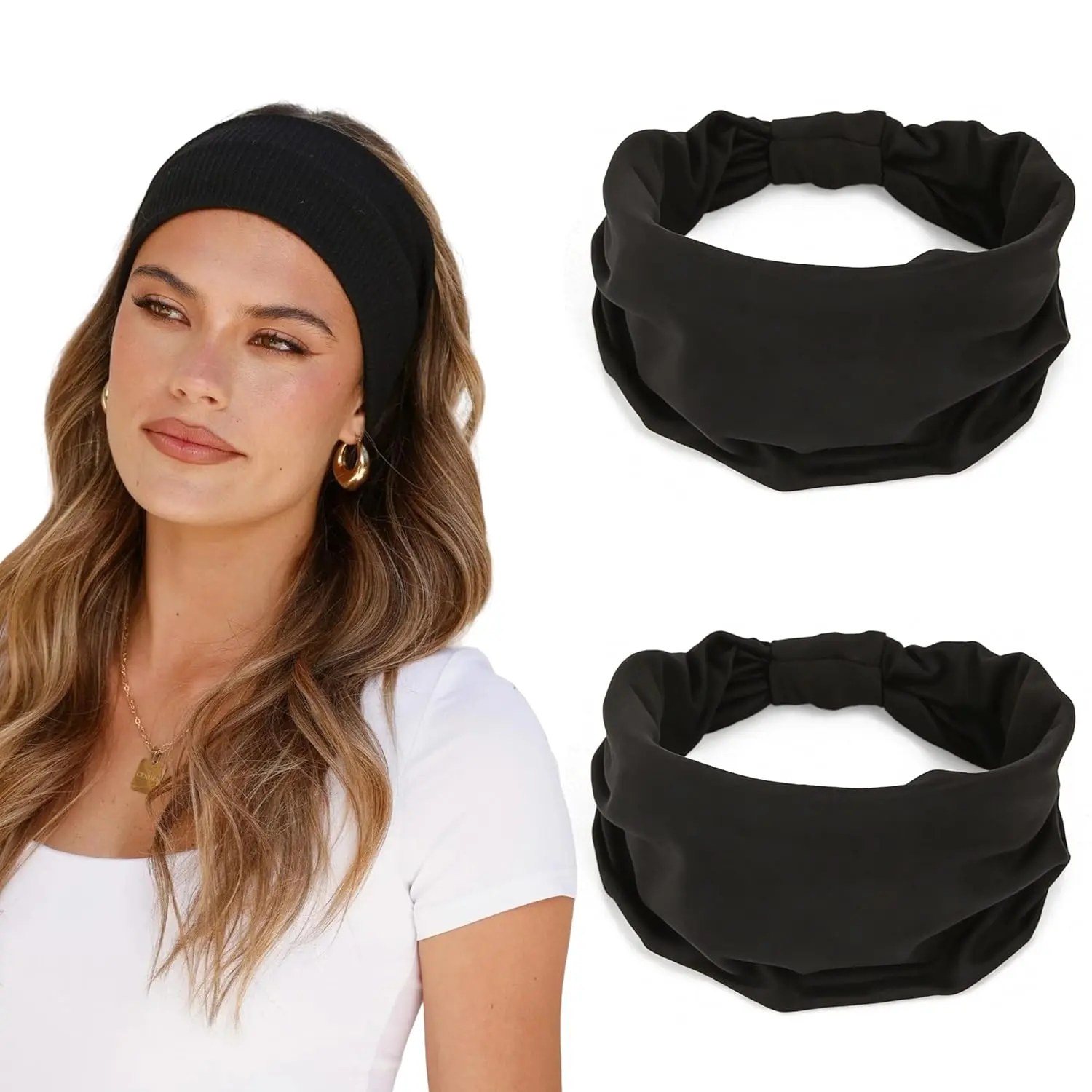 2 Pack Black Wide Headbands for Women - Thick Stretchy Non Slip Fabric  Bands, Soft Hair Bands for Workout, Running, , Makeup & Washing