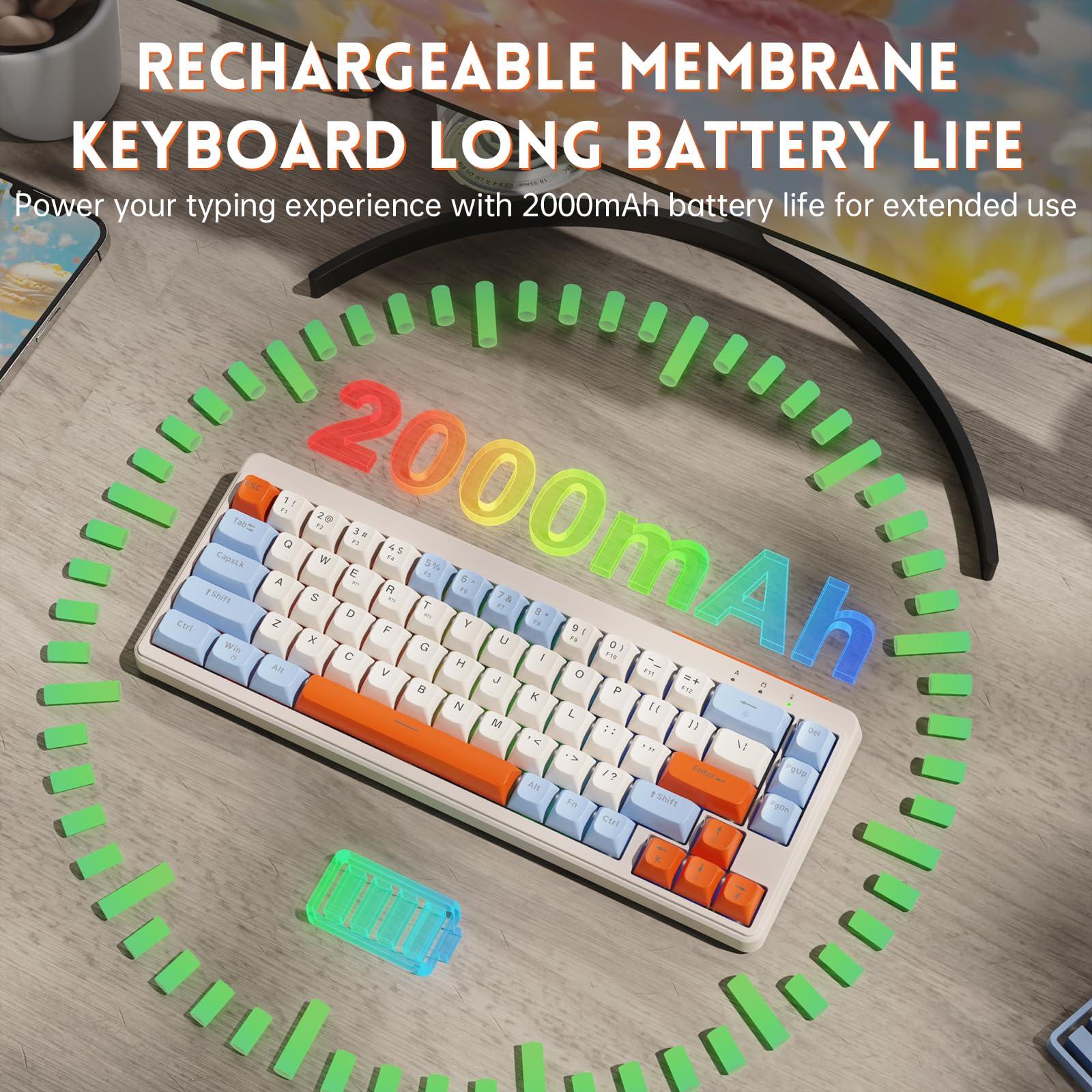M68 TKL Wireless Gaming Keyboard, 3-Mode Compact Membrane Keyboard, Rechargeable 2000 mAh Keyboard with Rainbow Backlit & 19 Keys Anti-ghosting