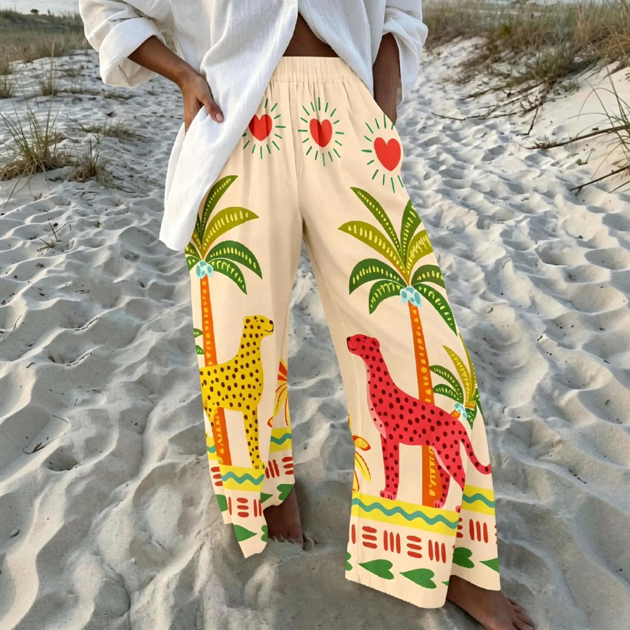 Women's Tropical Print Wide-Leg Pants - Soft Drape Polyester Woven Loose Baggy Cropped Trousers with Pockets, Elastic Waist for Summer Vacation, Colorful Geometric Design