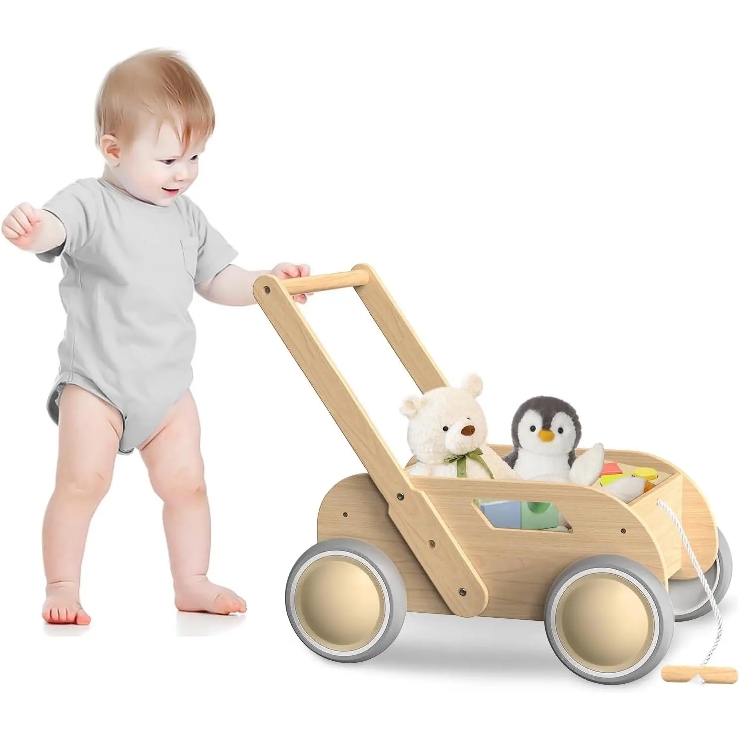 Wooden Baby Walker, Push and Pull Learning Walking Toys for Babies Infants to Toddler, Walker with Wheels for Boys Girls, Gift for Birthday Christmas, Natural