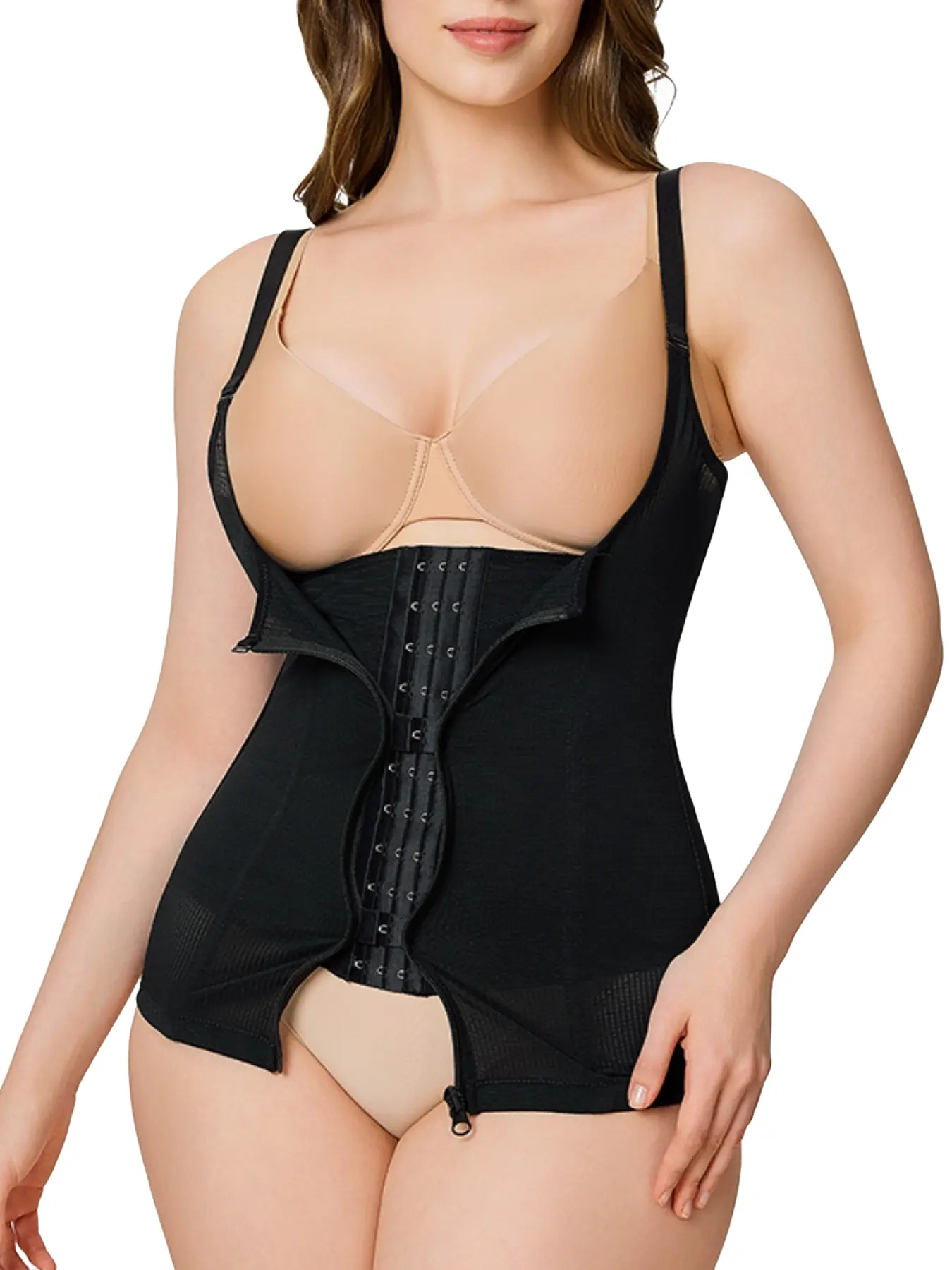 Breathable Mesh Abdominal Belt, Tight Waist Design, Chest Support, 6 Steel Bones, Front Zipper, Adjustable 3 Rows Buckles, Detachable Straps, All Seasons Shapewear, Underwear