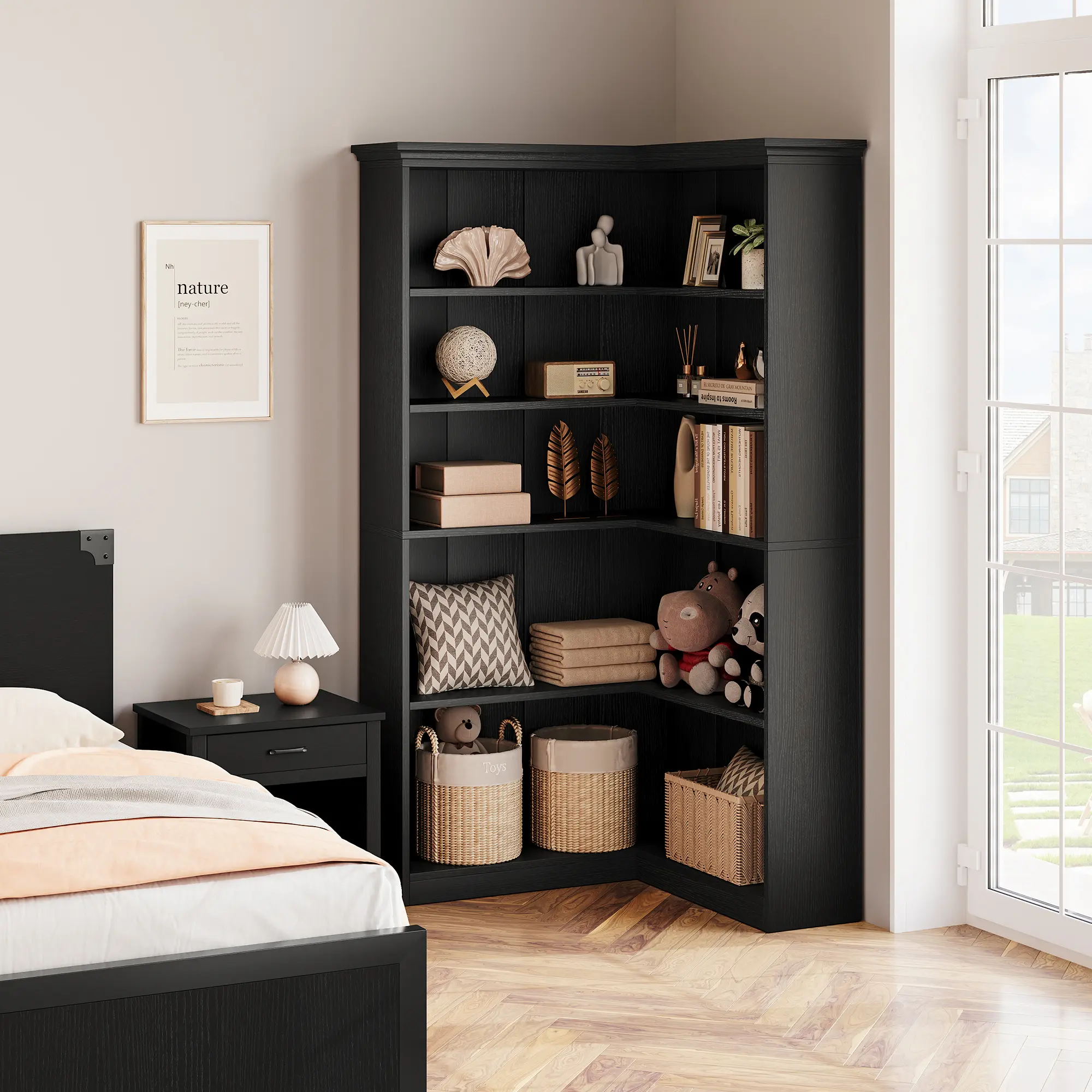 L-Shaped 5-Tier Corner Bookshelf - Tall MDF Wood Office Bookcase - Space-Saving Home Library Storage Shelf - Modern White Full Panel - Corner-Mounted Living Room Furniture for Books, Space Saving Furniture