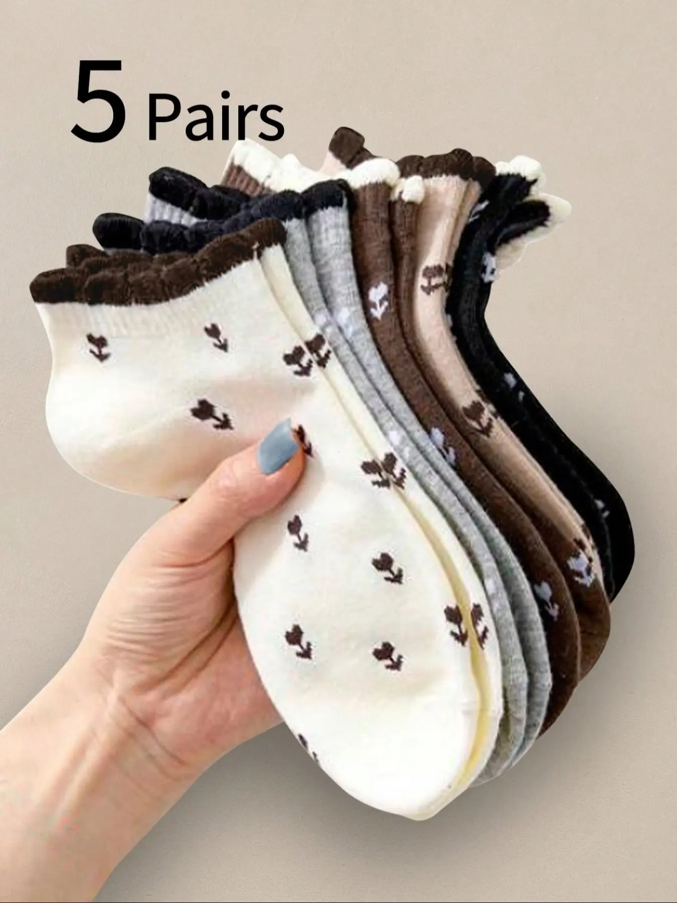 5 Pairs Women's Casual Lace Socks, Vintage Tulip Floral Flower Print Low Top Slim Short Socks, Spring Summer Small Flower Ankle Socks, Comfortable Breathable Sweat-Wicking