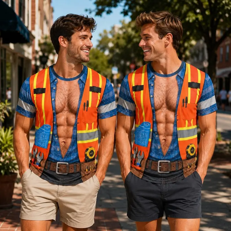Funny Construction Worker Shirt, Hairy Chest T Shirt, Safety Vest Costume Tee, Gag Gift for Men # TikTokMadeMeBuyIt # HalloweenHawaiianShirt # HolidayCostumeTop # ChristmasBeachWear # HalloweenCostumeShirt