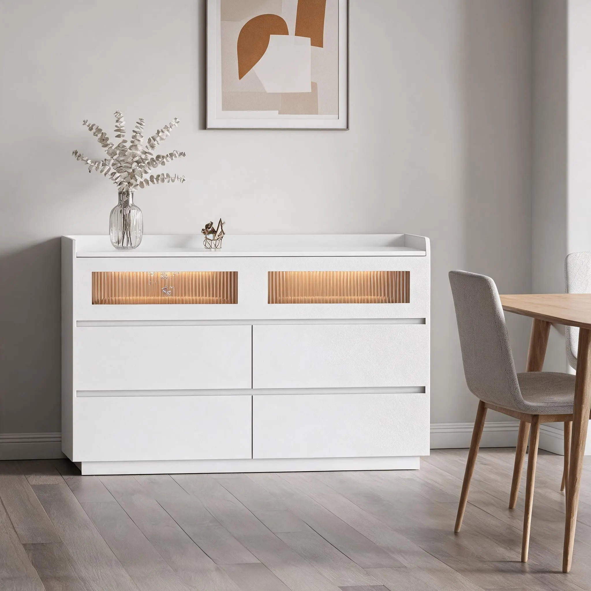 Modern White LED Buffet Sideboard with Fluted Reeded Glass Windows & 4 Large Handleless Drawers, Minimalist Display Credenza with Raised Back Guardrail for Dining Room & Living Room