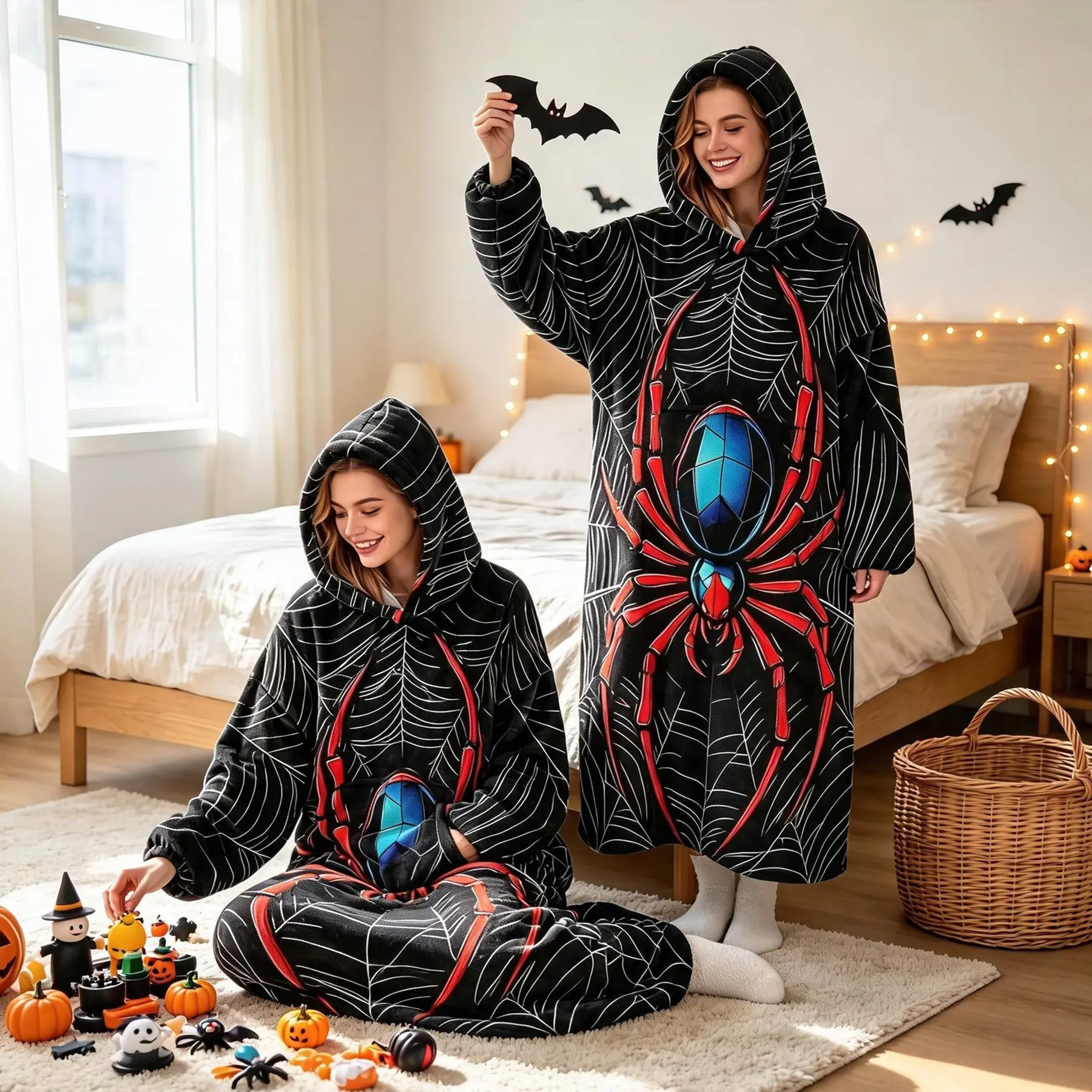 1pc Black Cat Patchwork Wearable Hooded Blanket for Adults, Oversized Hoodie Blanket Robe with Large Front Pocket, Soft Fuzzy Fleece Cozy Wearable Throw Blanket, Fall Vintage Cat Print Loungewear Gift for Men Women