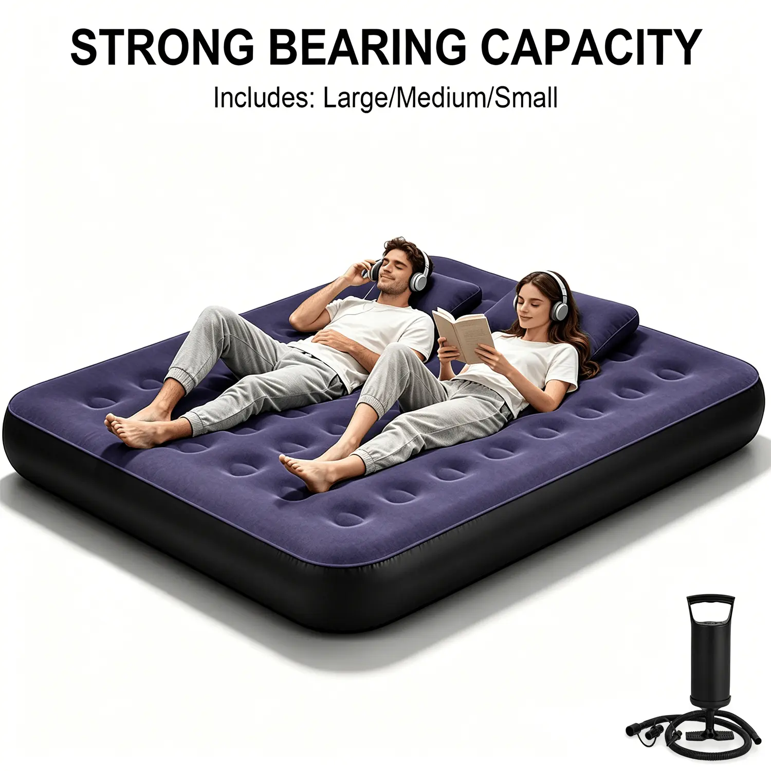 The Queen Inflatable Mattress with Built-In Pump Is an Ideal Bed Alternative, Featuring Multiple Support Holes for Enhanced Comfort. It Is a Portable Inflatable Bed Suitable for Family Gatherings, Office Naps, Camping, Picnics, And Parties