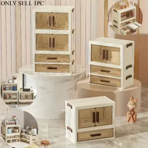 4/3/2-tier foldable large-capacity cosmetic storage box with transparent drawers, sturdy PVC material, and secure lock latch - suitable for storing cosmetics, skincare products, documents, books, and for home/office organization