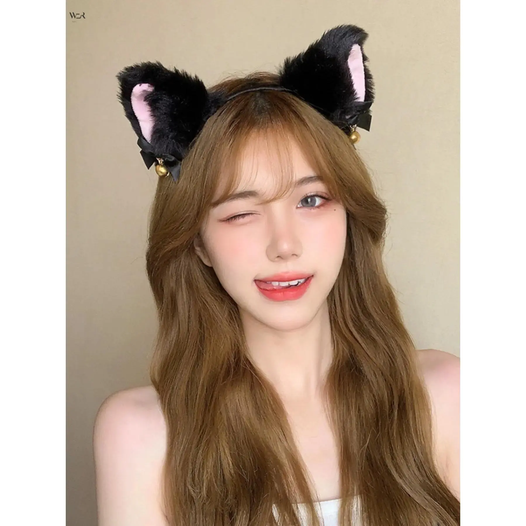 Women’s Furry Cat Ear Headband - Fuzzy Fur, Black-White Bow, Bell, Lightweight, Casual Animal Accessory with Adorable Charm, Perfect Summer Gift for Daily Wear & Special Occasions, One Size Fits All