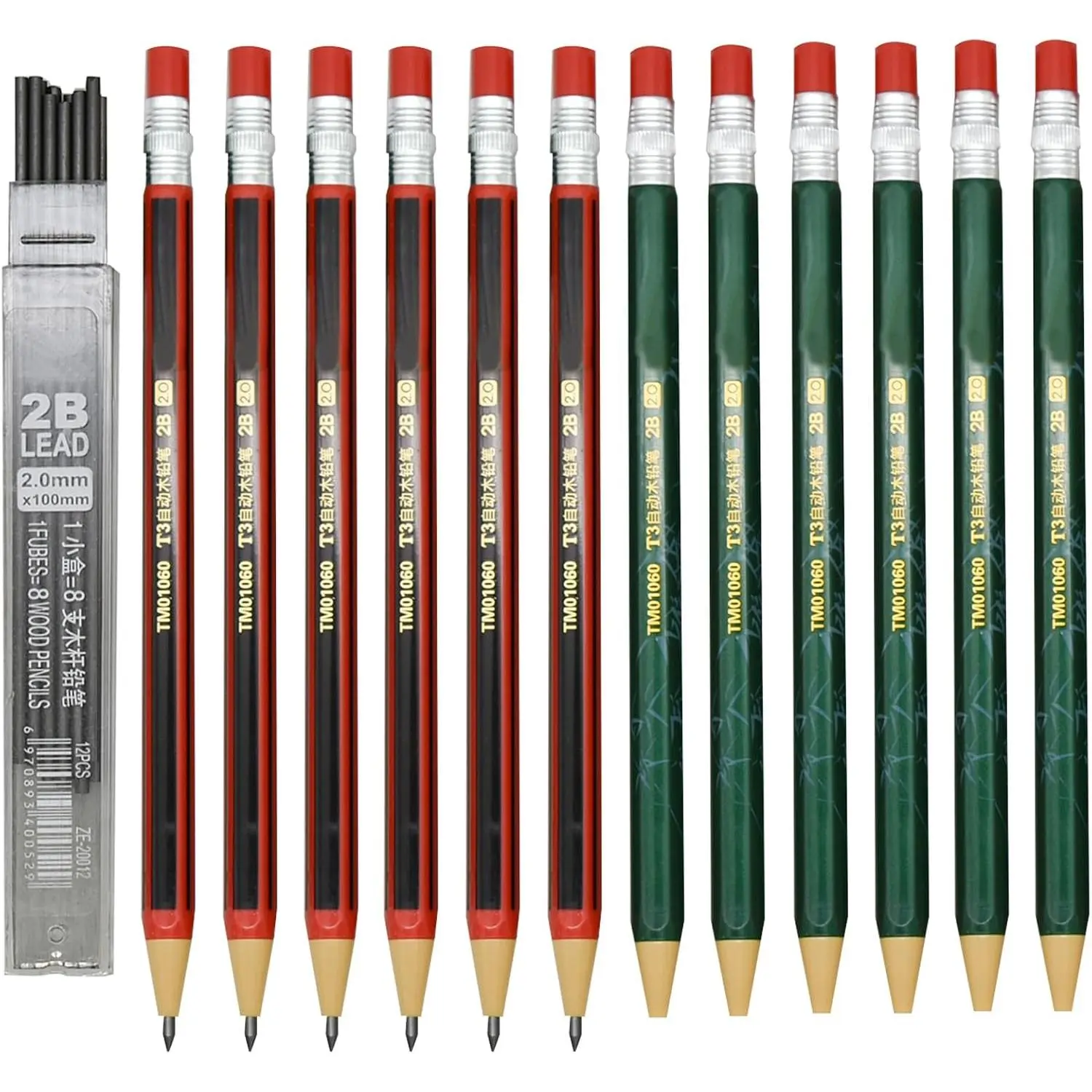 12 count Mechanical Pencil with Sharpener Novelty Non Sharpening Automatic Pencil with 12 count 2B Lead Refills 2.0 mm Classic Red Green Pole Plastic  Timber for School Writing Drawing