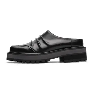 XORAM Men's Shiny Pleated Mules, Square-Toe Backless Slip-On Shoes with a Chunky Toothed Sole, Casual Outdoor Footwear, Shoe Fashionable Trendy Clogs Thick Sole Clogs