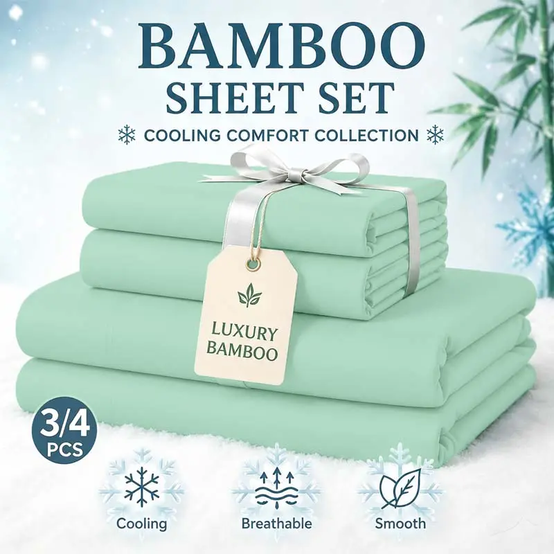 MUXHOMO 3/4 Pcs Cooling Bamboo Bed Sheet Set,Breathable,Cooling and Ultra Soft bed sheets With 16’’ Deep Pocket,Bamboo Fiber Elastic Fitted Sheet,Children Pillowcases And Flat Sheet,Suitable for Hot Sleepers And Sweats,Room Decor,Kid’s Room