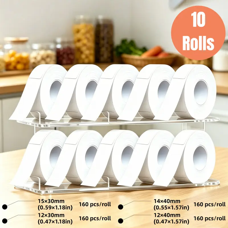 10 rolls white divider labels, sizes: 15x30/12x30/14x40/12x40mm. Strong adhesive, easy peel, no residue. Disposable, printable, waterproof & scratch-proof. Great for pricing & office use. Compatible with Phomemo & Marklife.