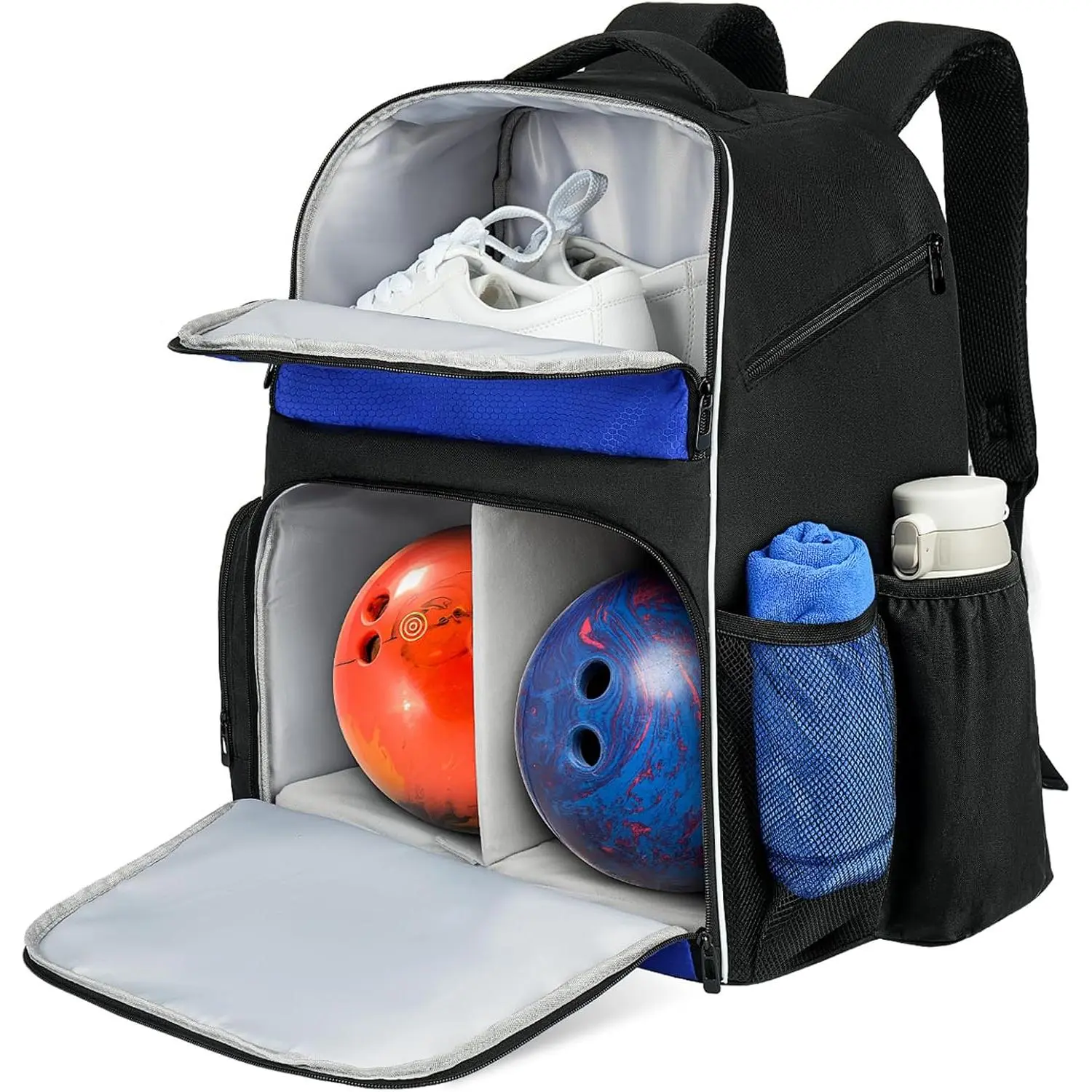 Men's Polyester Bowling Backpack with Padded Straps, Sturdy Fabric, 2-Ball Capacity, Size 16 Shoe Compartment, Ventilation Design, Travel Luggage Organizer