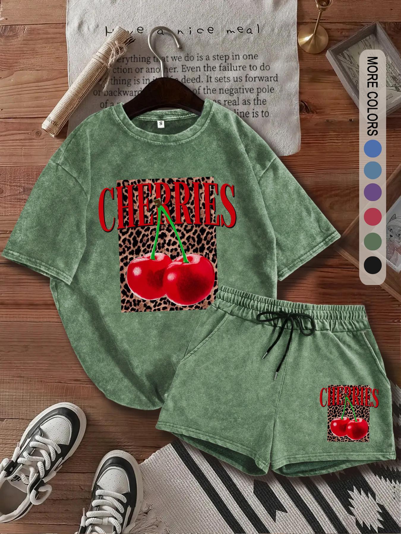 Two-Piece Set Women's Cherry Print Tee & Leopard Print Shorts, Casual Short Sleeve T-shirt & Shorts, Ladies Summer Clothes for Daily Wear, Suits, Casual Lounge Set
