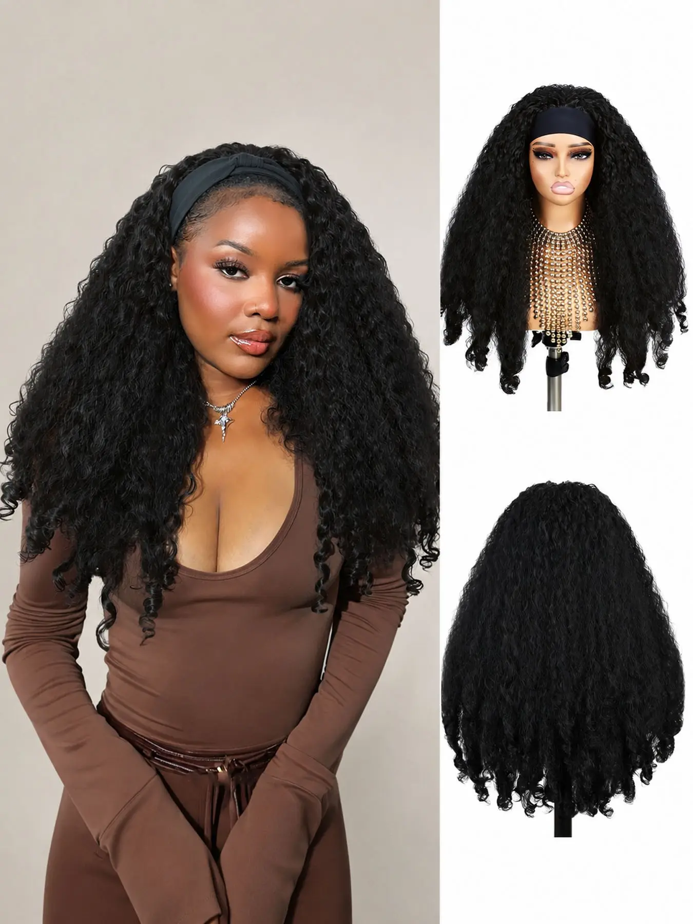 Curly Headband Wigs for Black Women New Afro Curls Synthetic Braided Hair 24Inch Wear and Go Glueless Headband Wig with Bouncy Curls