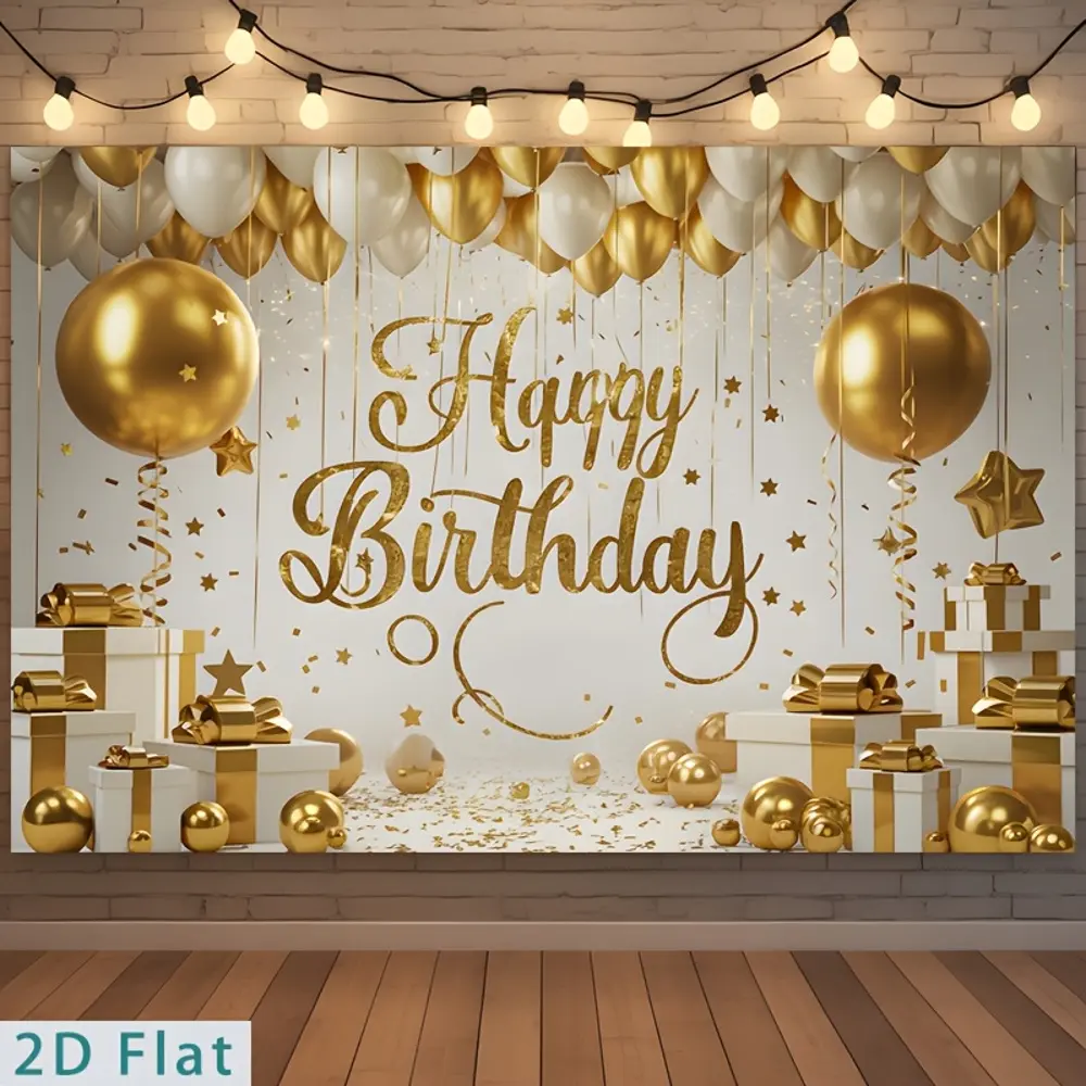 2D Flat Banner gold and white Happy Birthday themed polyester photography backdrop, HD digitally printed soft lightweight foldable background cloth, suitable for birthday party photos, portrait shooting, product photography, video