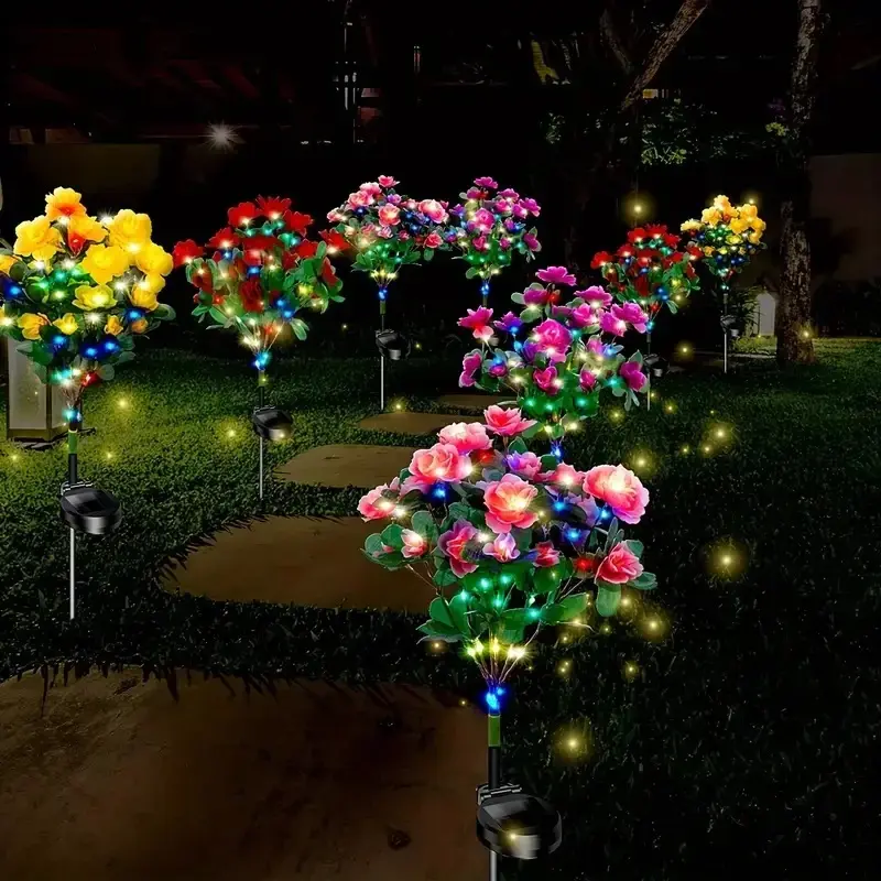 Solar Azalea Flower Lights Outdoor IP65 Waterproof Realistic Multi-Color Stakes Lamp for Grave Garden Decor Memorial Cemetery Lights