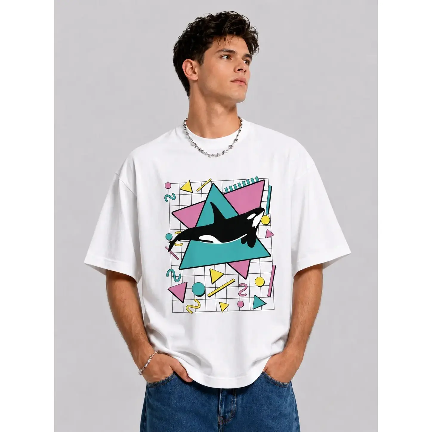 Orca Killer Whale Sports Top, 90s Retro Aesthetic Vibes T-Shirt - S,M Sizes, Twill Fabric, None Decor, Do Not Wash Care Instruction, Cold Wash