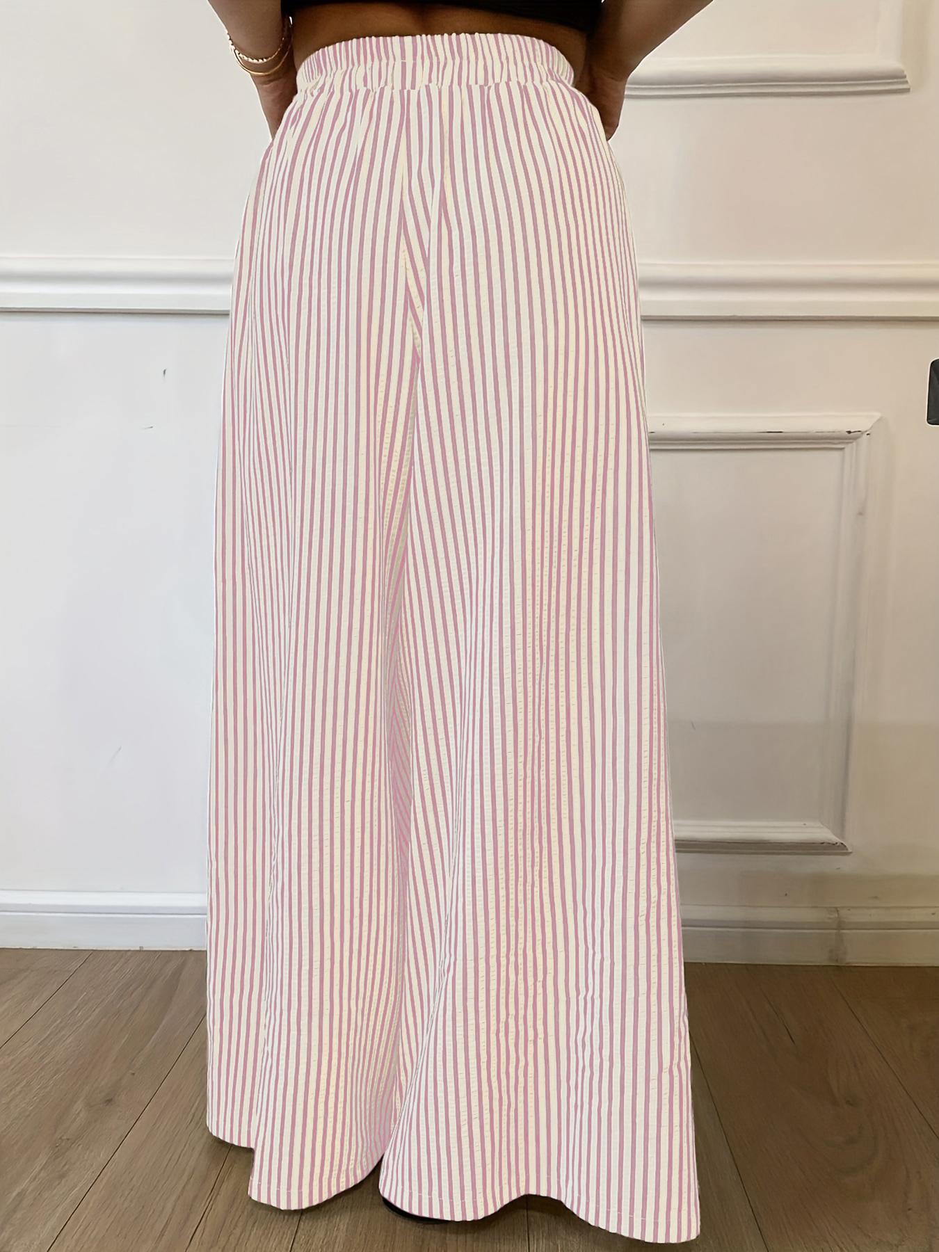 Women's Vertical Striped Casual Elastic Waist Wide Leg Pants, Loose-Fitting Stripe Design, Comfortable Daily Wear