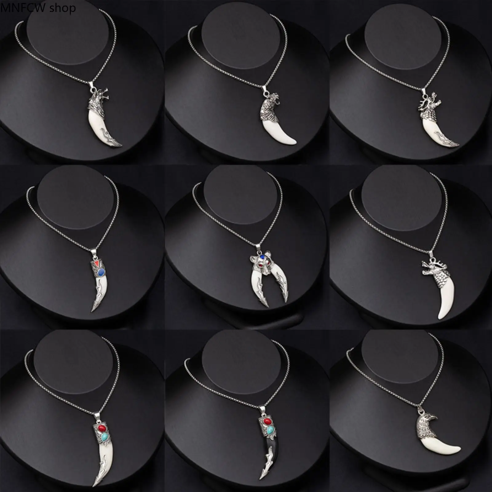 Men's Stainless Steel Metallic Finish Necklace - Retro Ethnic Wolf Head & Tooth Long Pendant, X458 Dripping Oil Wolf Tooth, X458-11 Red/Blue Double-Sided Turquoise Pendant, Casual Outdoor Camping Hiking Jewelry, No, Animal, Sports