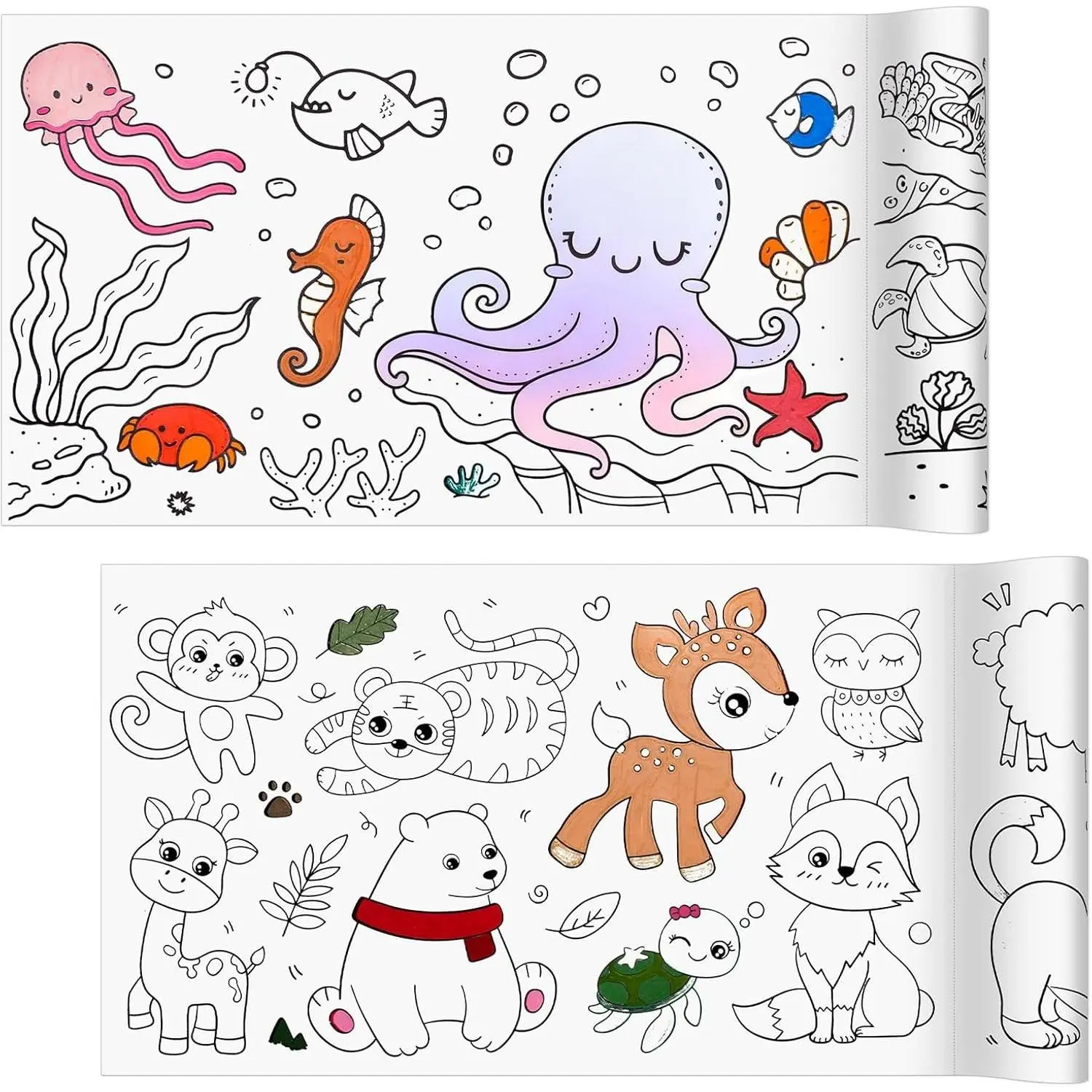 Coloring Paper Roll, 2 Pcs Drawing Roll Paper, Sticky Rolls for Art, DIY Painting Drawing Coloring Rolls for Young Artists Gifts, 11.8" x 118"(Land & Marine Animals)