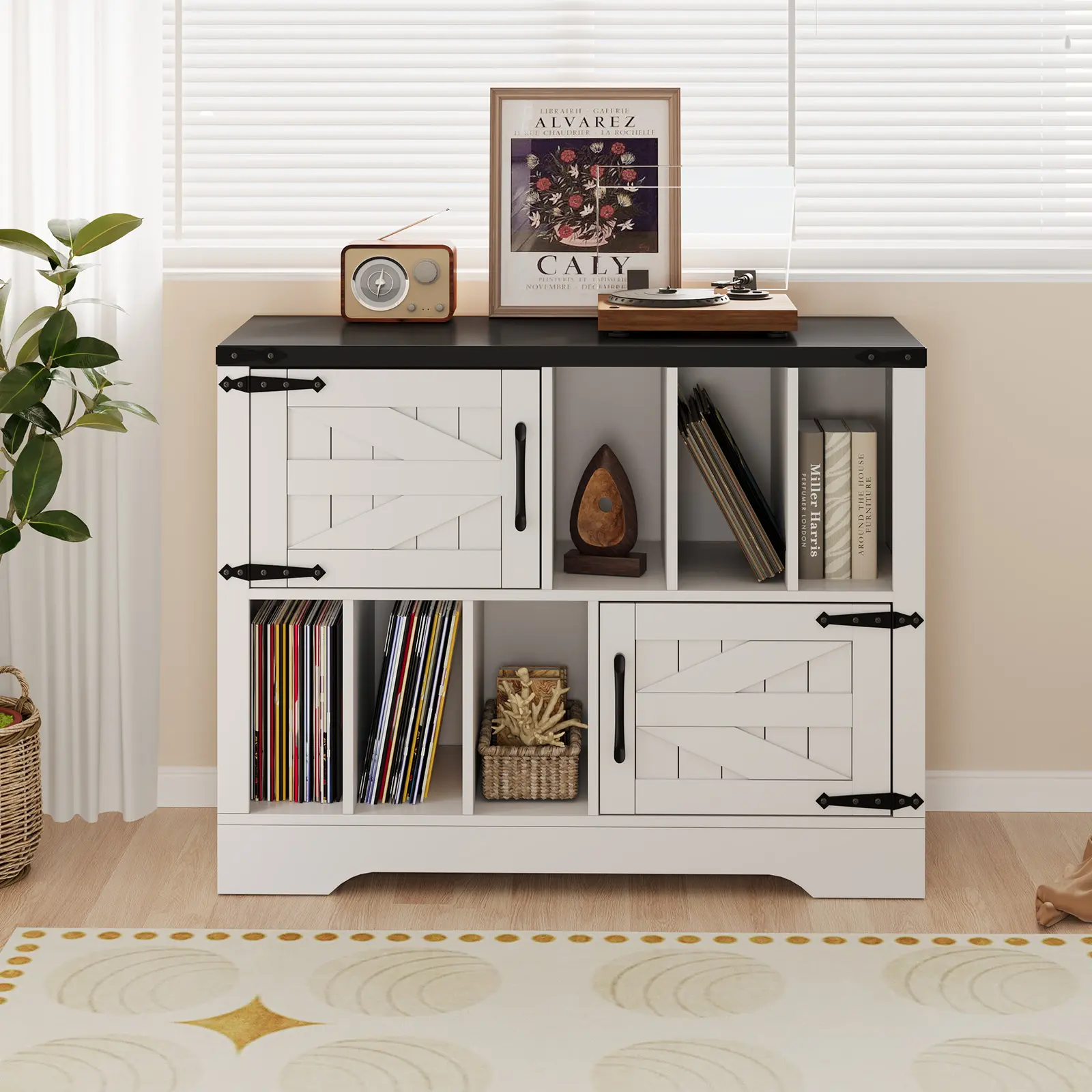 39-Inch Record Player Stand, Farmhouse Wood Turntable Cabinet with Vinyl Storage & 2 Barn Doors for Living Room, Bedroom & Home