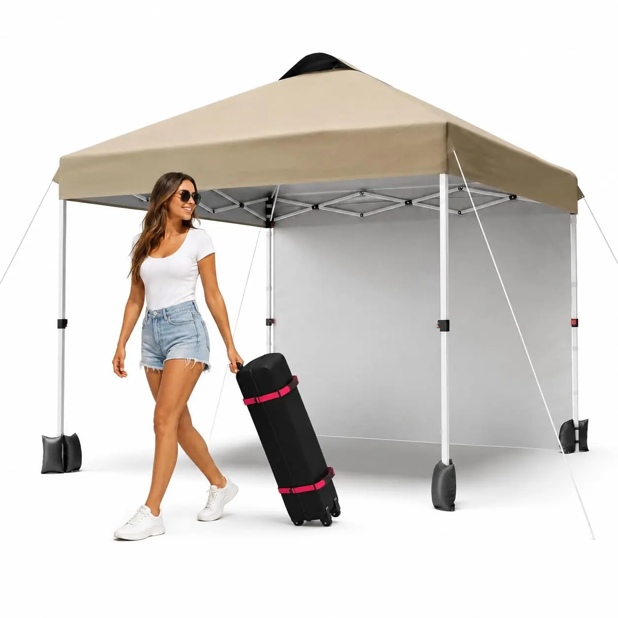 10x10ft Pop Up Canopy Tent with Sidewall, Easy Up Canopy Tent with 1 Removable Sidewall, Portable Instant Commercial Tent Shelter with Vented Roof Roller Bag for Outdoor Events Camping Picnic Beach-Includes Storage Bag/Sandbags/Stakes&Ropes