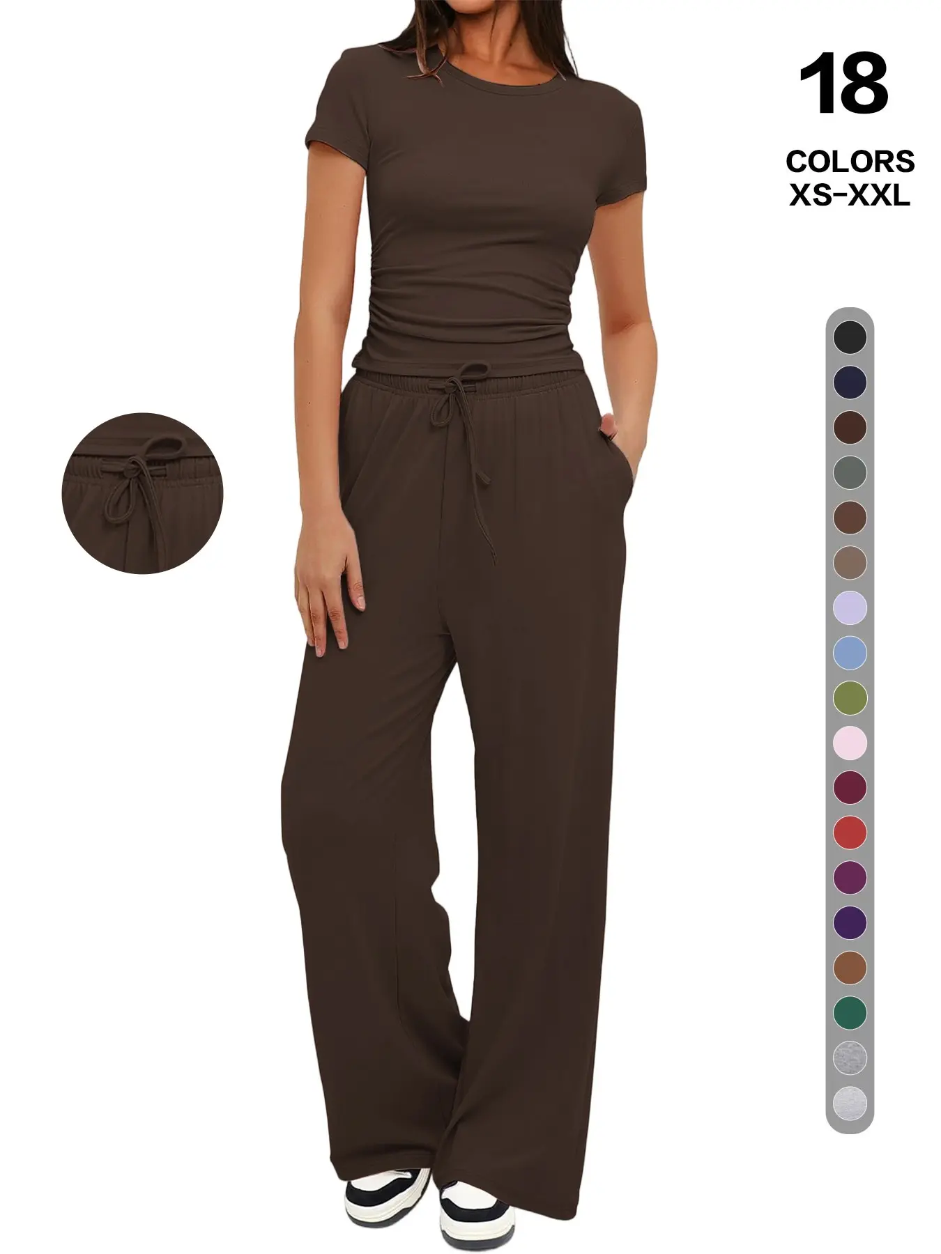 Women's 2-Piece/6-Piece Set Round Neck Short Sleeve Top and Wide Leg Pants, Casual Yoga, Wearable at Home；Pleated slim-fit top with adjustable drawstring wide-leg pants casual set, Activewear For Yoga