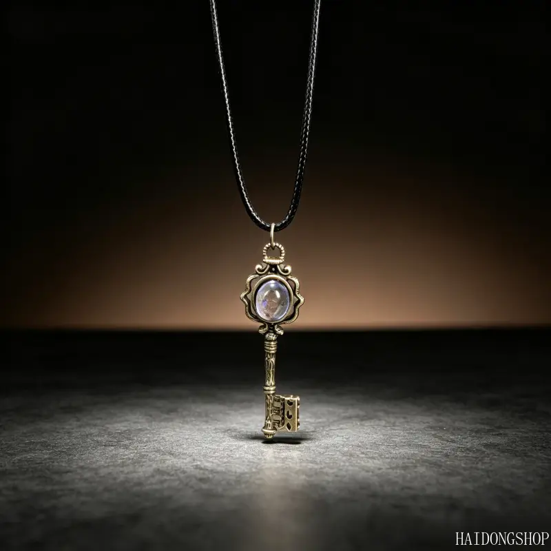 Dark Academia Medieval Vintage Oval Crystal Inlaid Key Pendant, Versatile Long Sweater Chain Necklace, Retro Antique Layering Accessory For Women Autumn Winter Daily Styling,niki,safety,pin