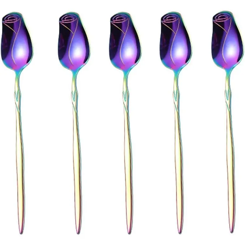 Stainless Steel Spoon Set - 5 Pack, Rose Flower & Dessert Spoons, Cute (Colorful)