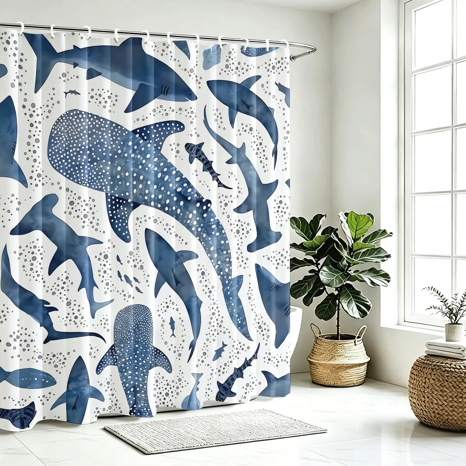 Blue Tone Whale Shark Print Modern Shower Curtain; Waterproof Bath Curtain with Free Hooks; Washable Bathroom Curtain, Shower Curtain Cute, Decor Accessory for Ocean Lover Bedroom, Shark Playroom, Kid Sea Nursery, Coastal Airbnb