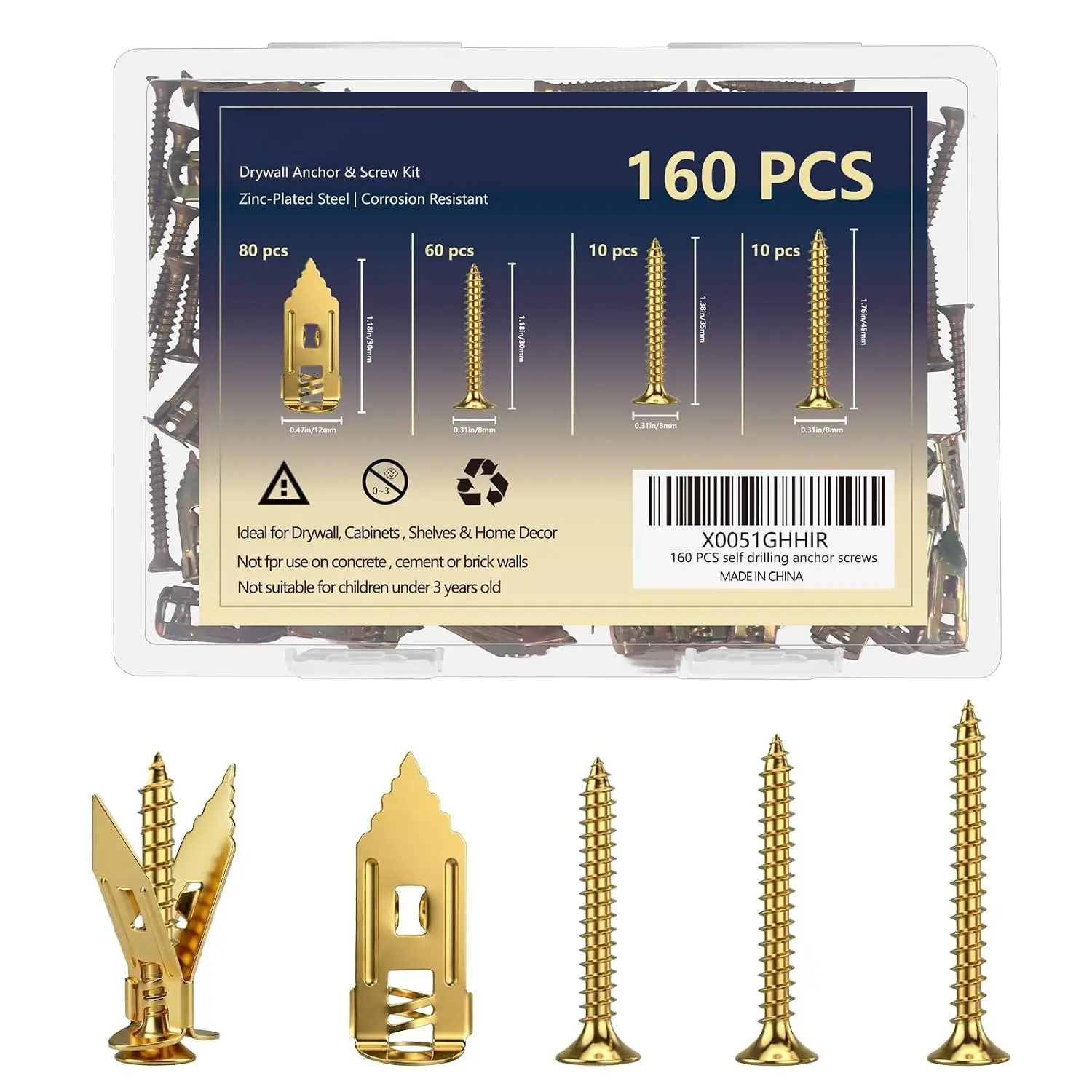 160 count Self Drilling Drywall Anchors with Screws Kit,Metal & Heavy Duty Grip Anchors for Wall,Sheetrock, Expansion Anchor  Sizes for Picture Frames,Mirror,Cabinet, Shelves &  Decor,