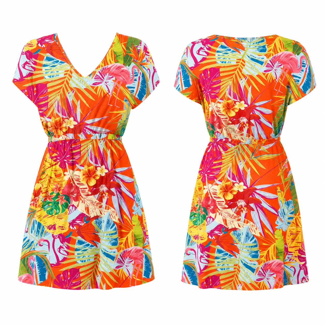 Women's Tropical Flamingo Print Dress, V Neck Short Sleeve Mini Dress with Defined Waist, Colorful Floral Beach Vacation Outfit, Cute Summer Resort Wear for Travel, Casual Summer Outfit