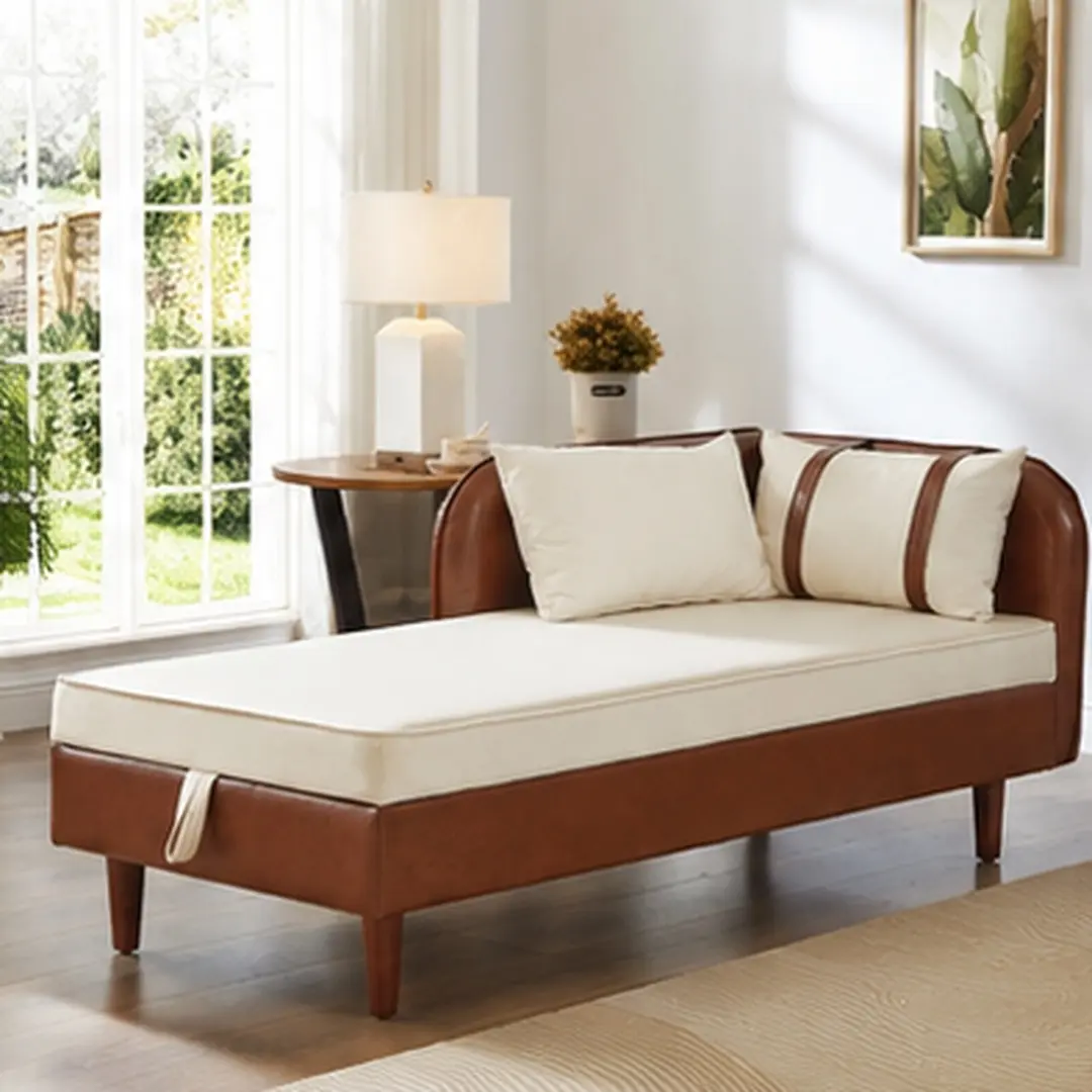 ARCH Storage Chaise Lounge Sofa 65 Inch Single Seat with Hidden Storage, PU Leather and Velvet Upholstered Living Room Sofa with Pillow, Brown Beige, Easy Assembly, Brown+Beige Color Options, Velvet Material, 1 Seat Seat Count, Product Dimensions: