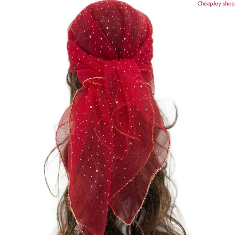 Bubble Gauze Square Chiffon Scarf, sheer lightweight fabric trimmed with hotfix rhinestones and delicate bead edging, elegant women’s wrap accessory for daily styling, church head covering and formal party outfit matching